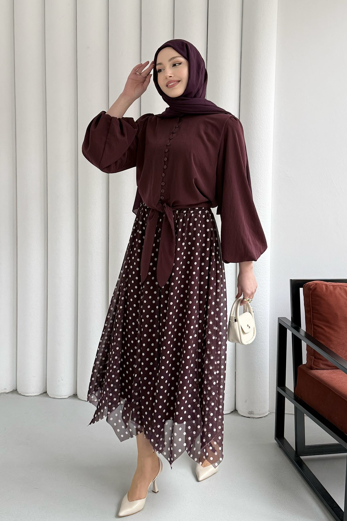 Asimetrik Kesim Puantiyeli Şifon Etek-BORDO