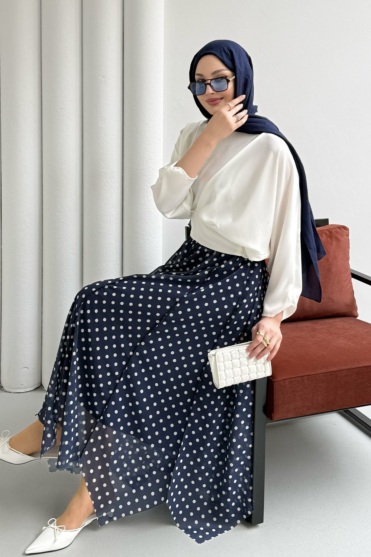 Asimetrik Kesim Puantiyeli Şifon Etek-LACİVERT