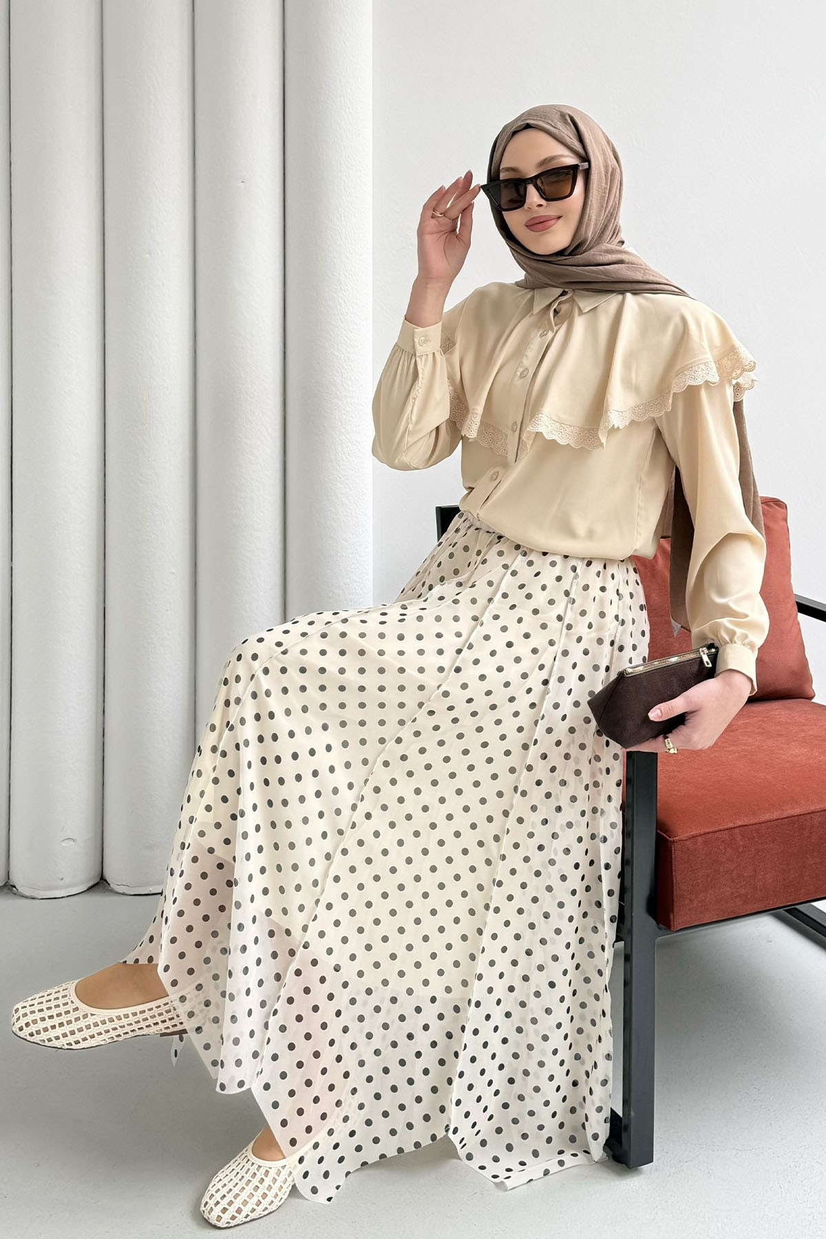 Asimetrik Kesim Puantiyeli Şifon Etek-EKRU