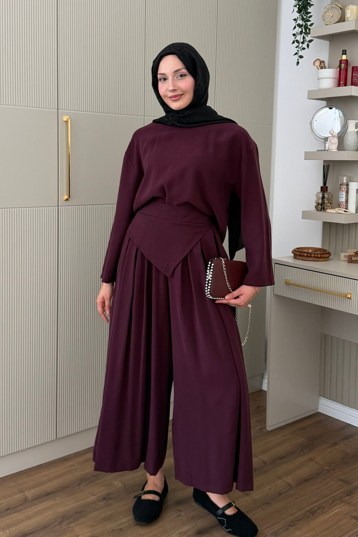 Asimetrik Kuşak Detaylı Tesettür Pantolon Takım-BORDO