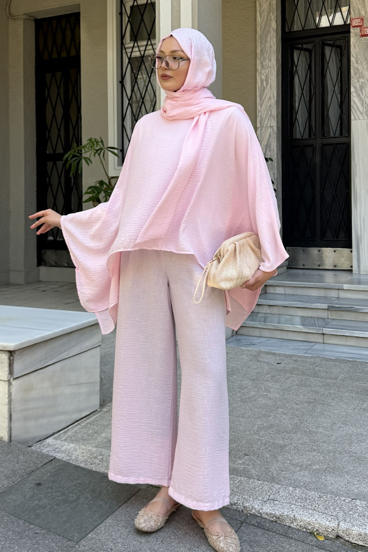 Asimetrik Yarasa Kol Bağlamalı Panço Pantolon Takım-PEMBE