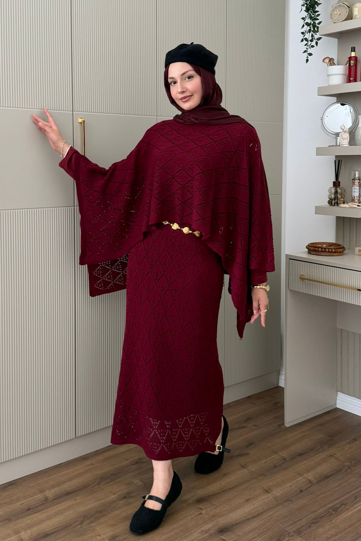 Astarlı Yarasa Kol Triko Etekli Tesettür Takım-BORDO