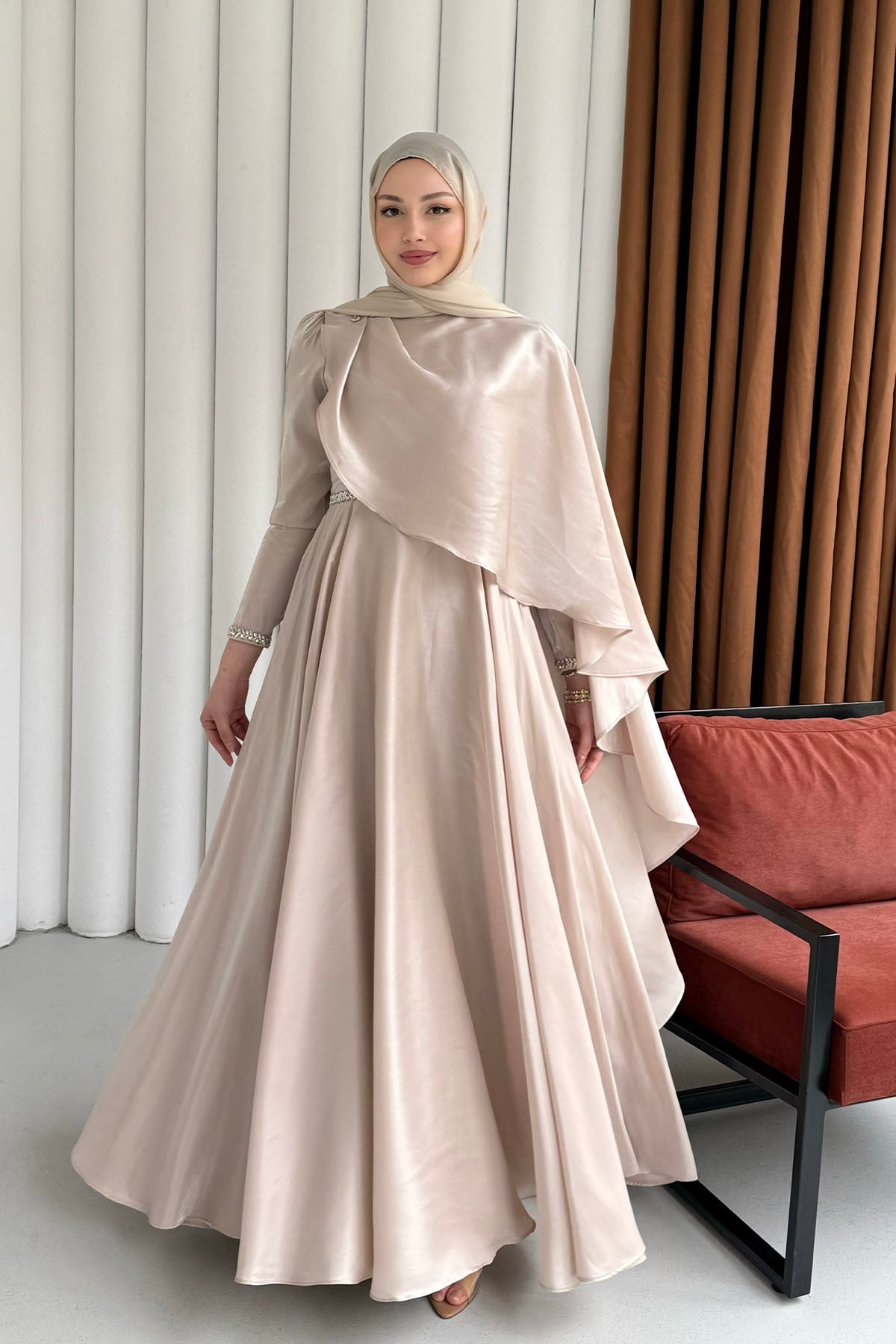 Aura Fular Detaylı & Taşlı Jan Jan Tesettür Abiye-TAŞ