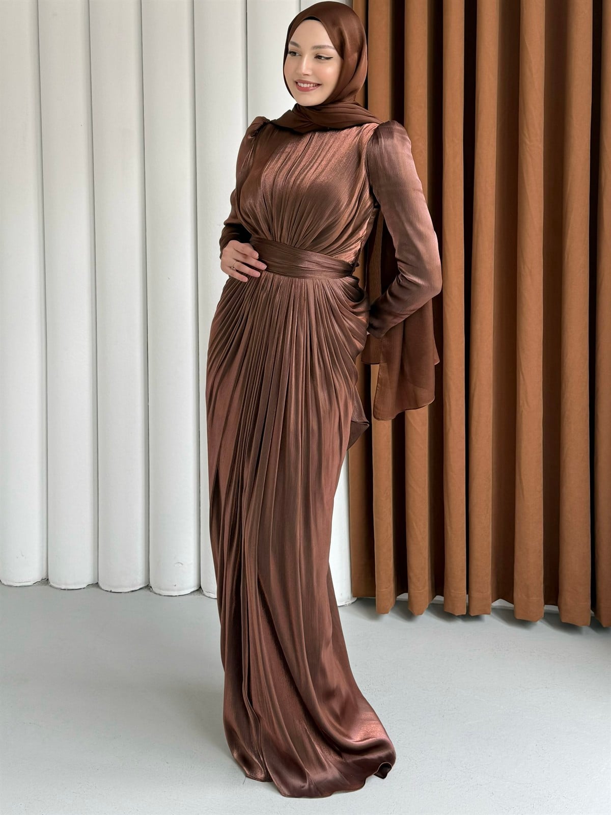 Aura Luxe Tesettür Abiye-KAHVERENGİ