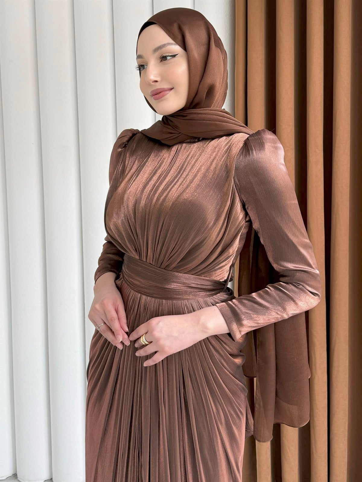 Aura Luxe Tesettür Abiye-KAHVERENGİ