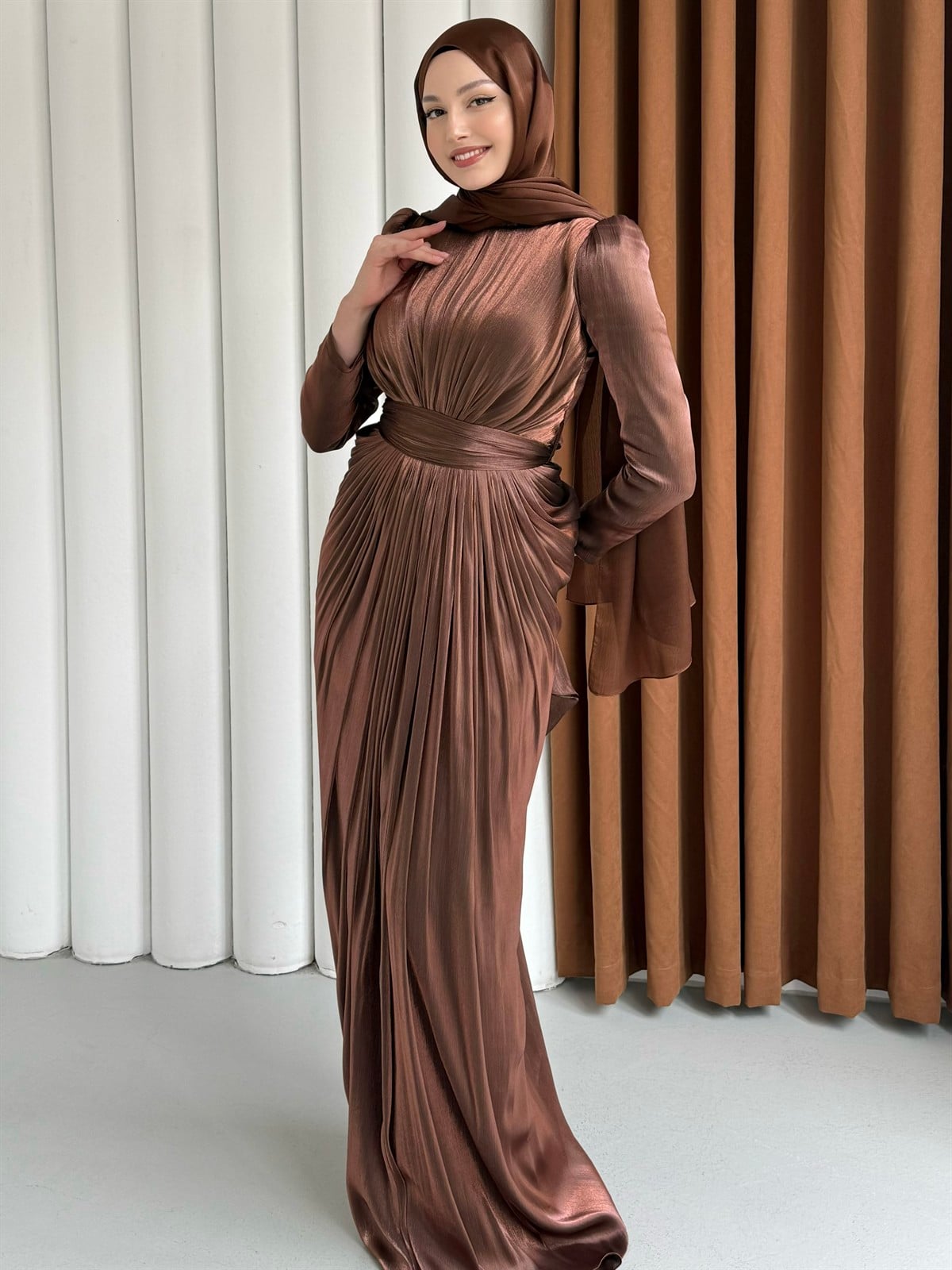 Aura Luxe Tesettür Abiye-KAHVERENGİ