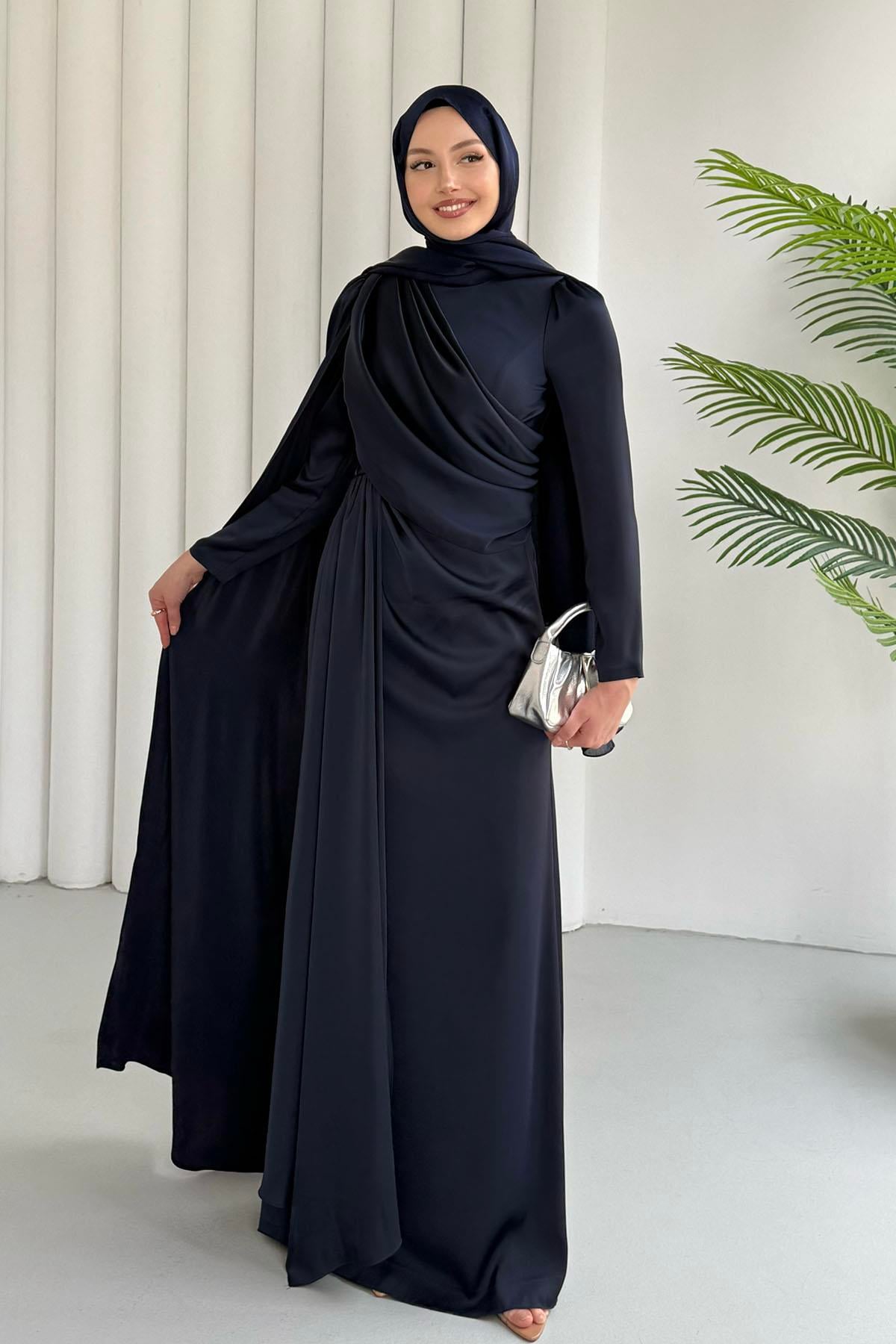 Ay Işığı Pelerin Detaylı Tesettür Abiye-LACİVERT