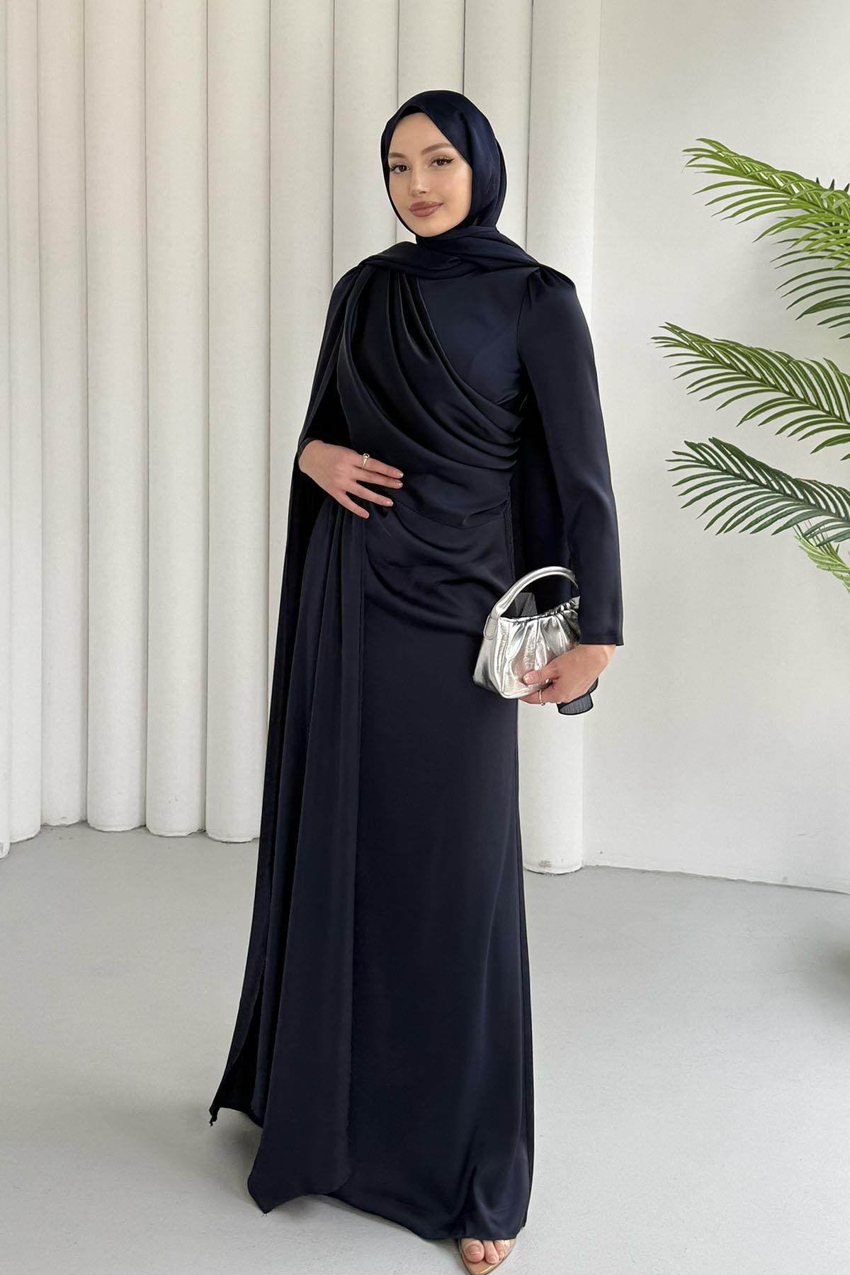 Ay Işığı Pelerin Detaylı Tesettür Abiye-LACİVERT