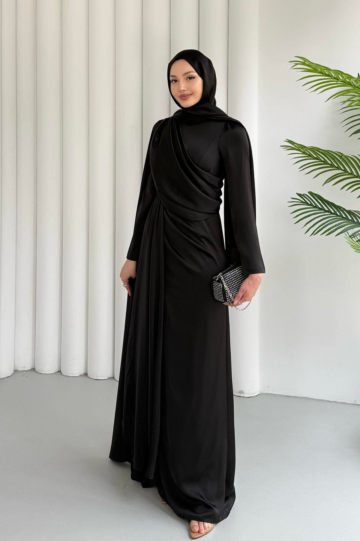 Ay Işığı Pelerin Detaylı Tesettür Abiye-SİYAH