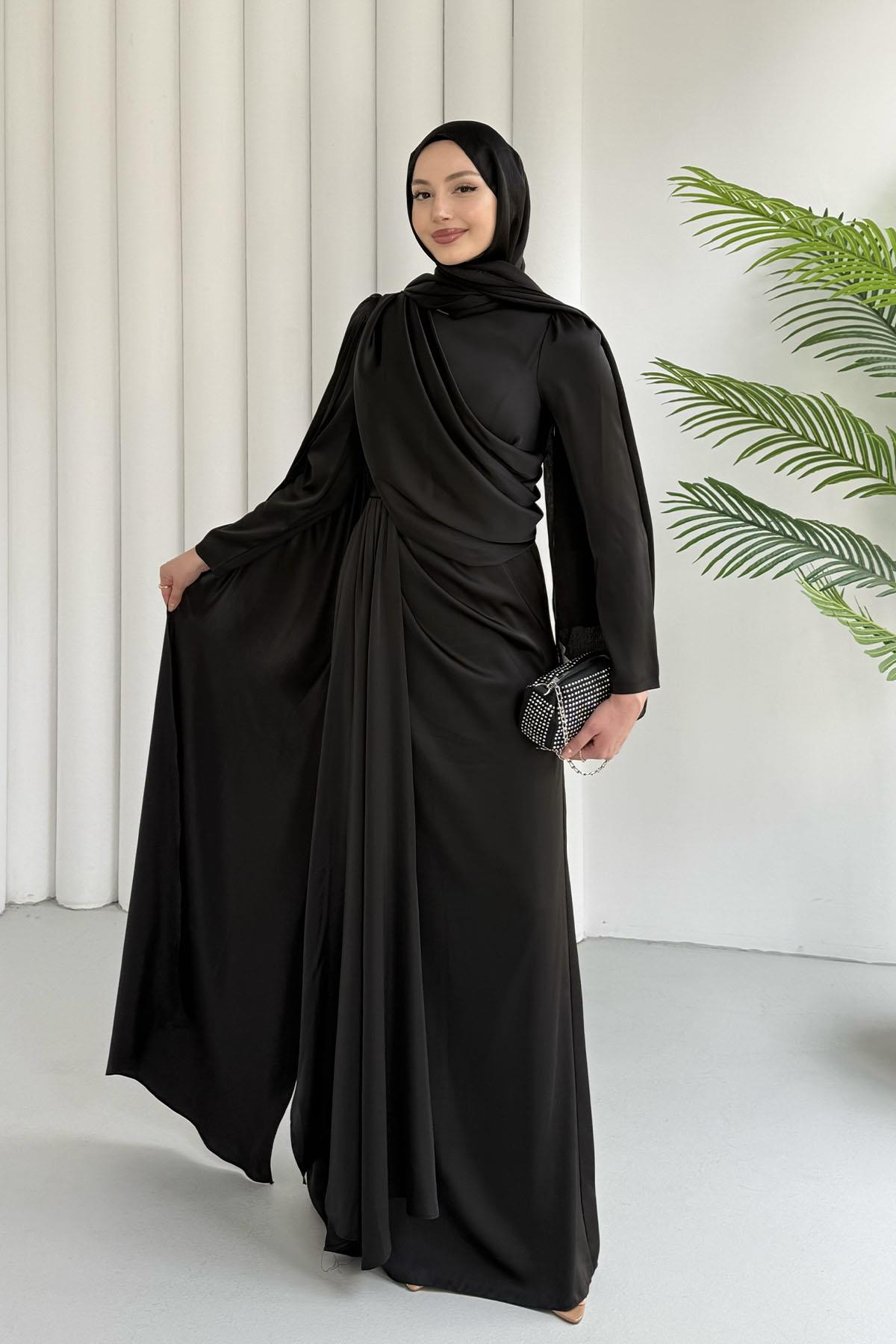 Ay Işığı Pelerin Detaylı Tesettür Abiye-SİYAH