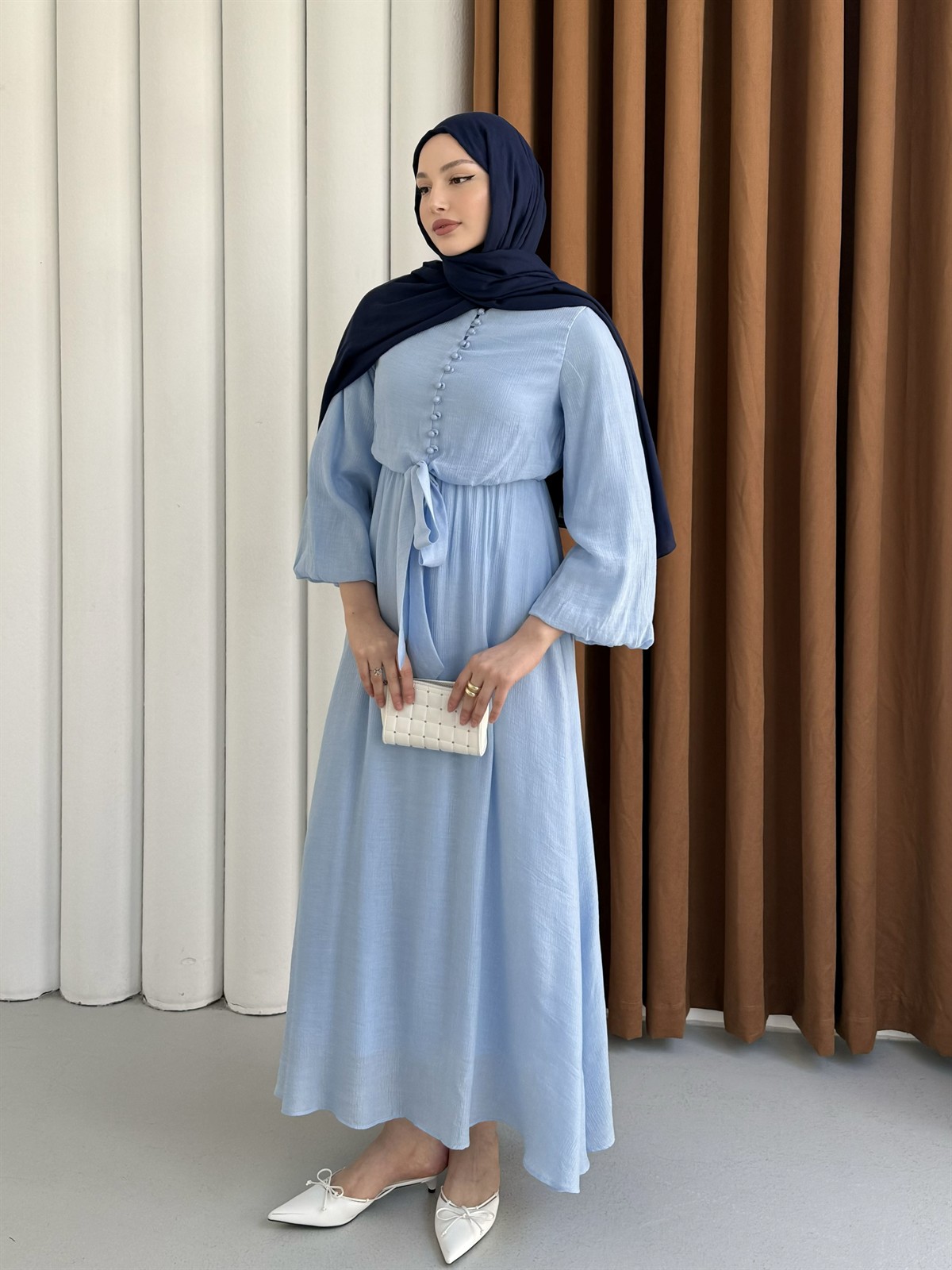 Bağlama Detaylı Balon Kol Tesettür Elbise-MAVİ