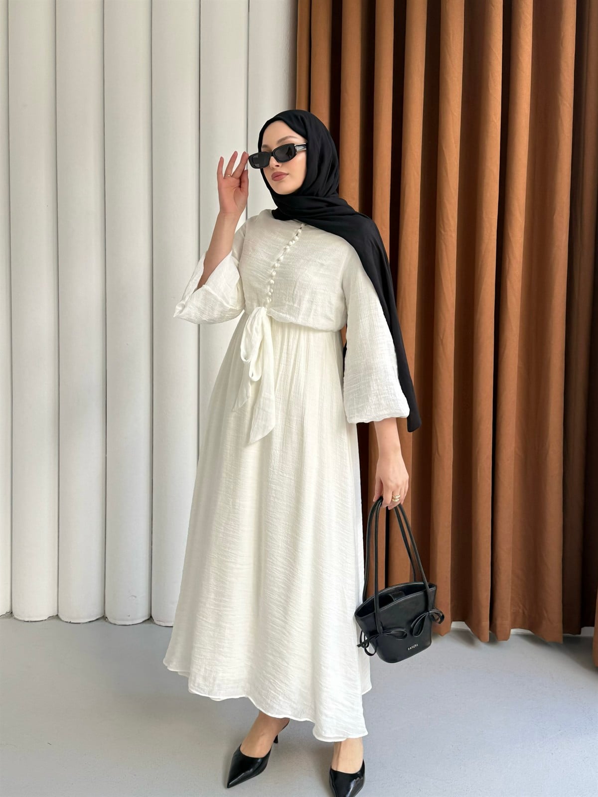 Bağlama Detaylı Balon Kol Tesettür Elbise-EKRU