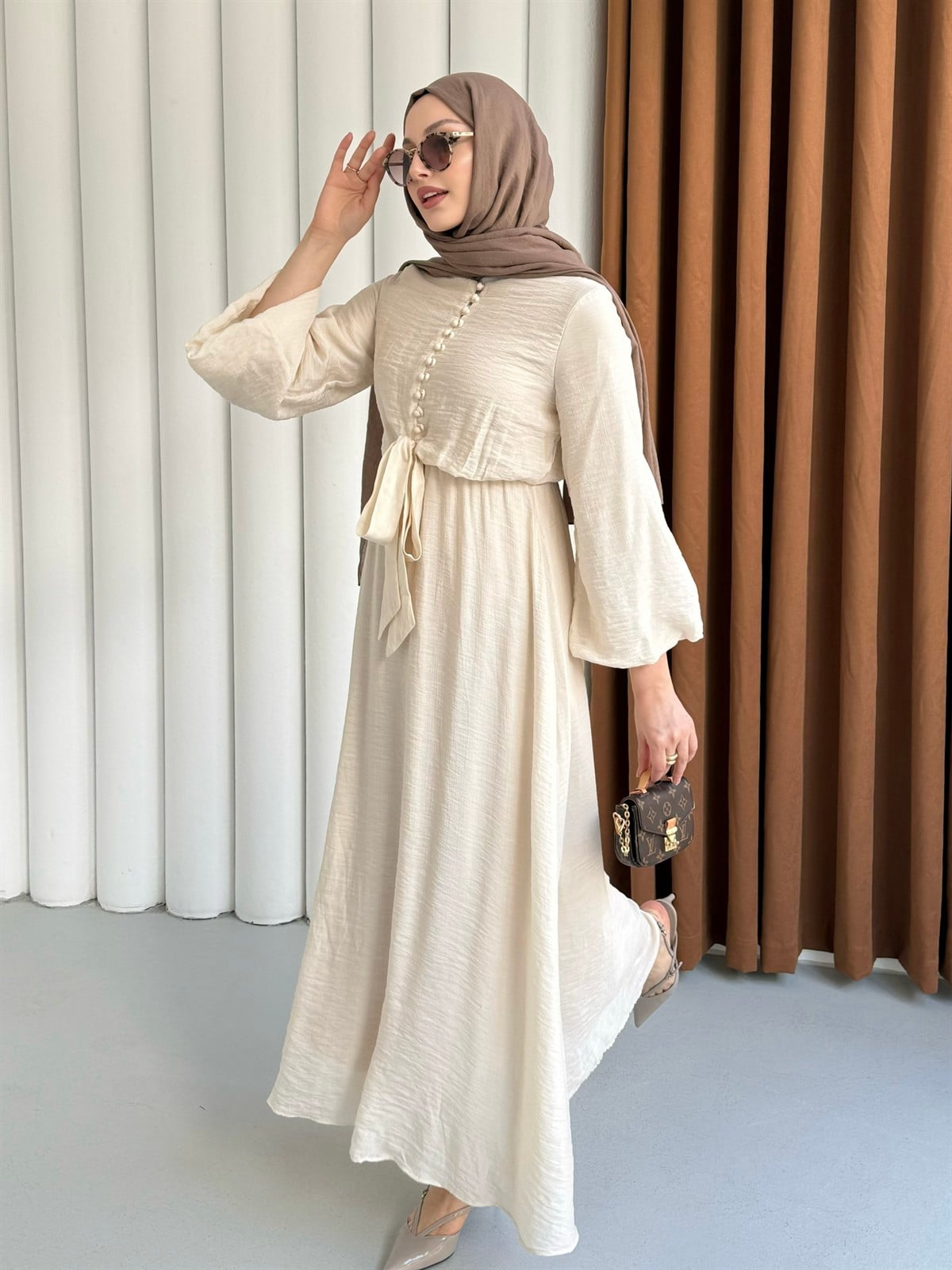 Bağlama Detaylı Balon Kol Tesettür Elbise-TAŞ