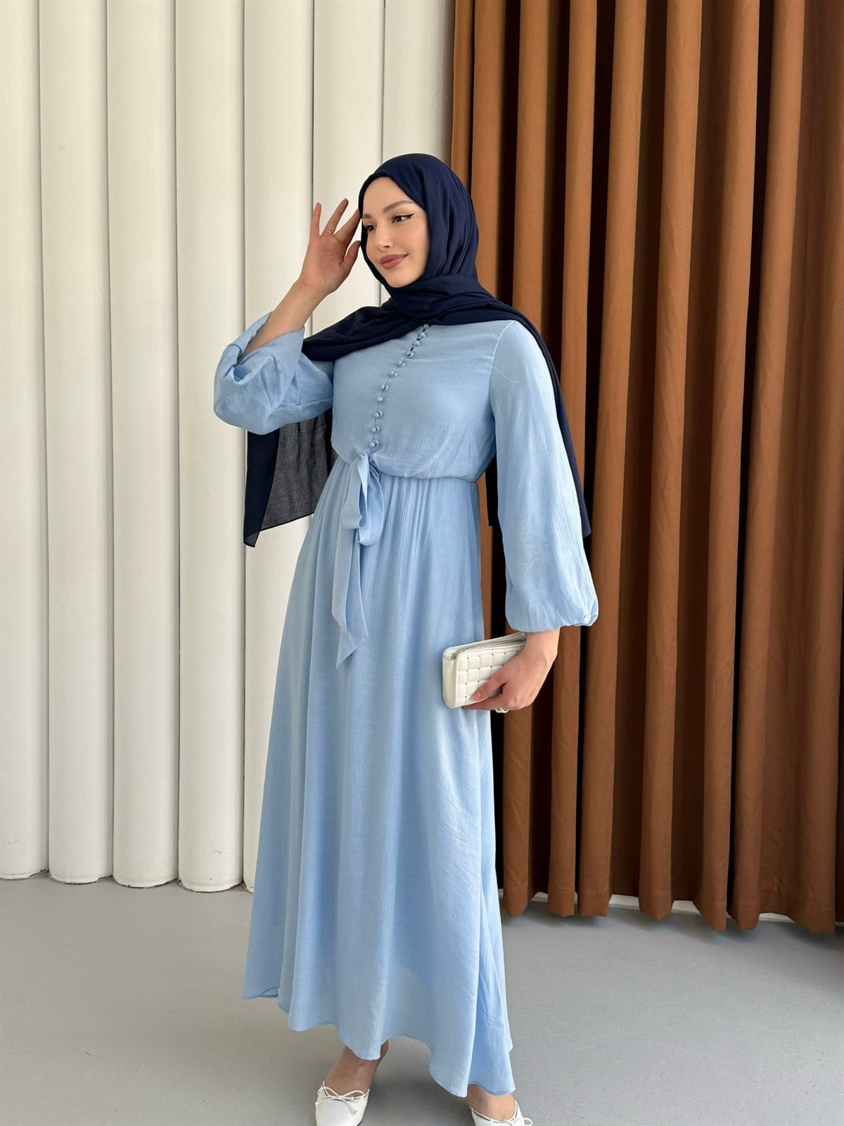 Bağlama Detaylı Balon Kol Tesettür Elbise-MAVİ