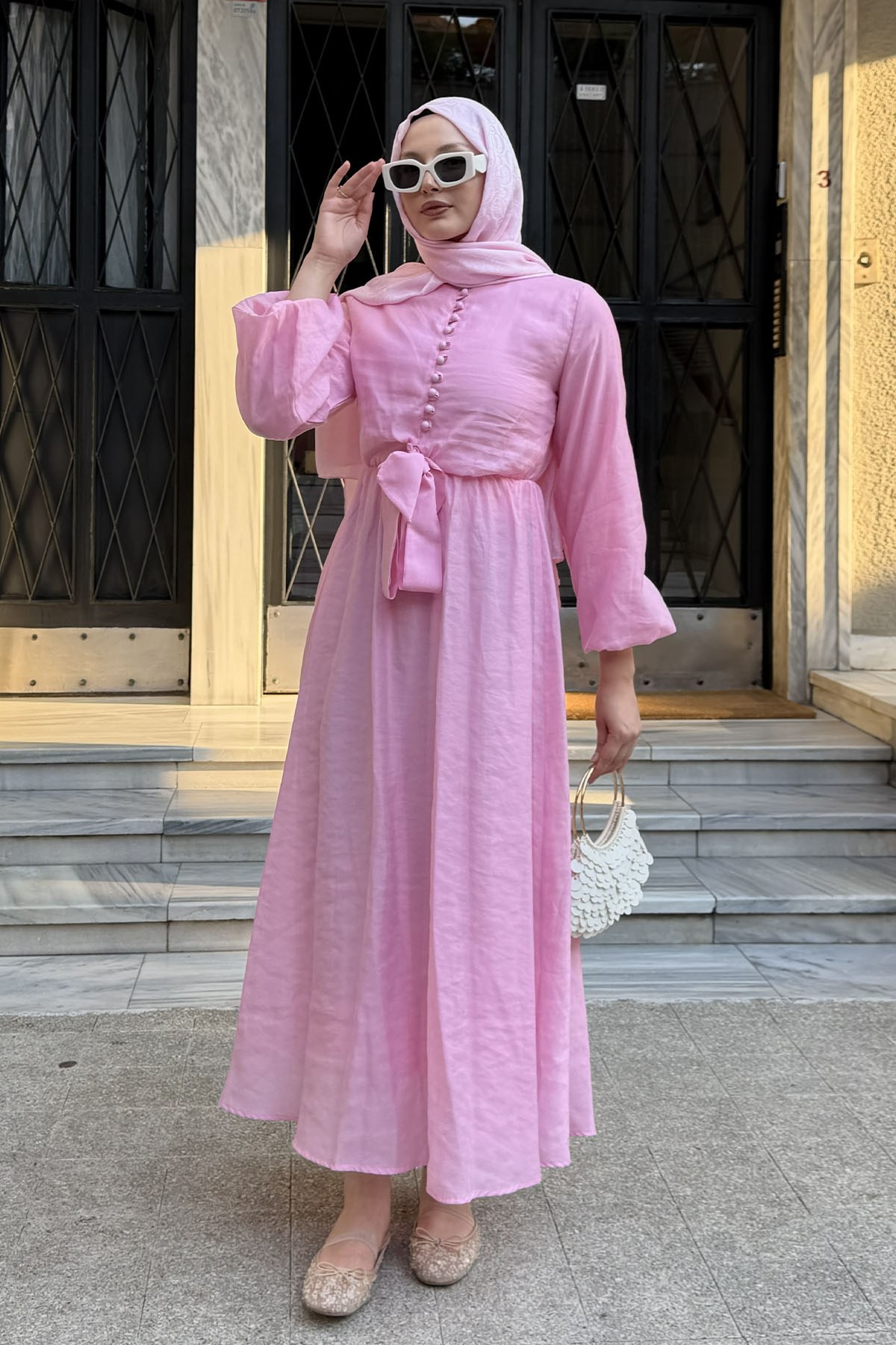 Bağlama Detaylı Balon Kol Tesettür Elbise-PEMBE