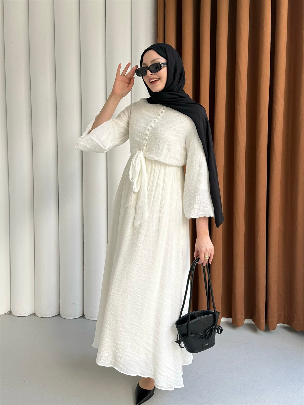 Bağlama Detaylı Balon Kol Tesettür Elbise-EKRU