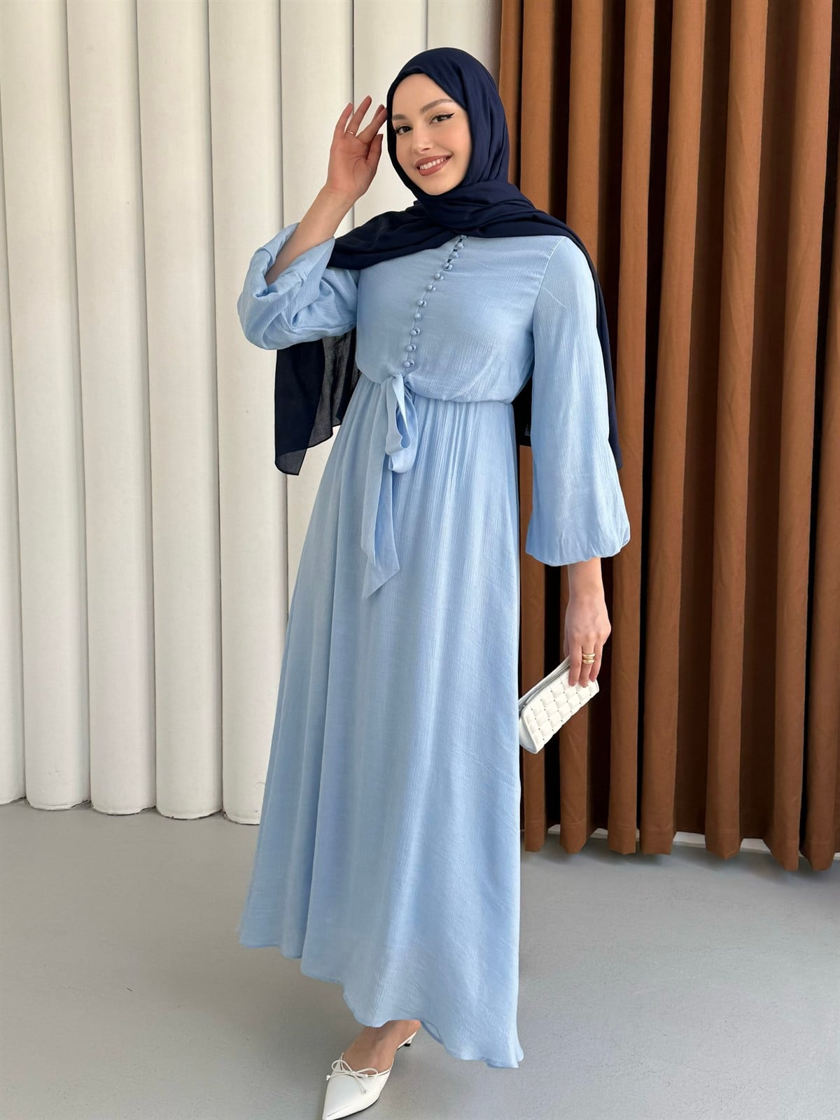 Bağlama Detaylı Balon Kol Tesettür Elbise-MAVİ