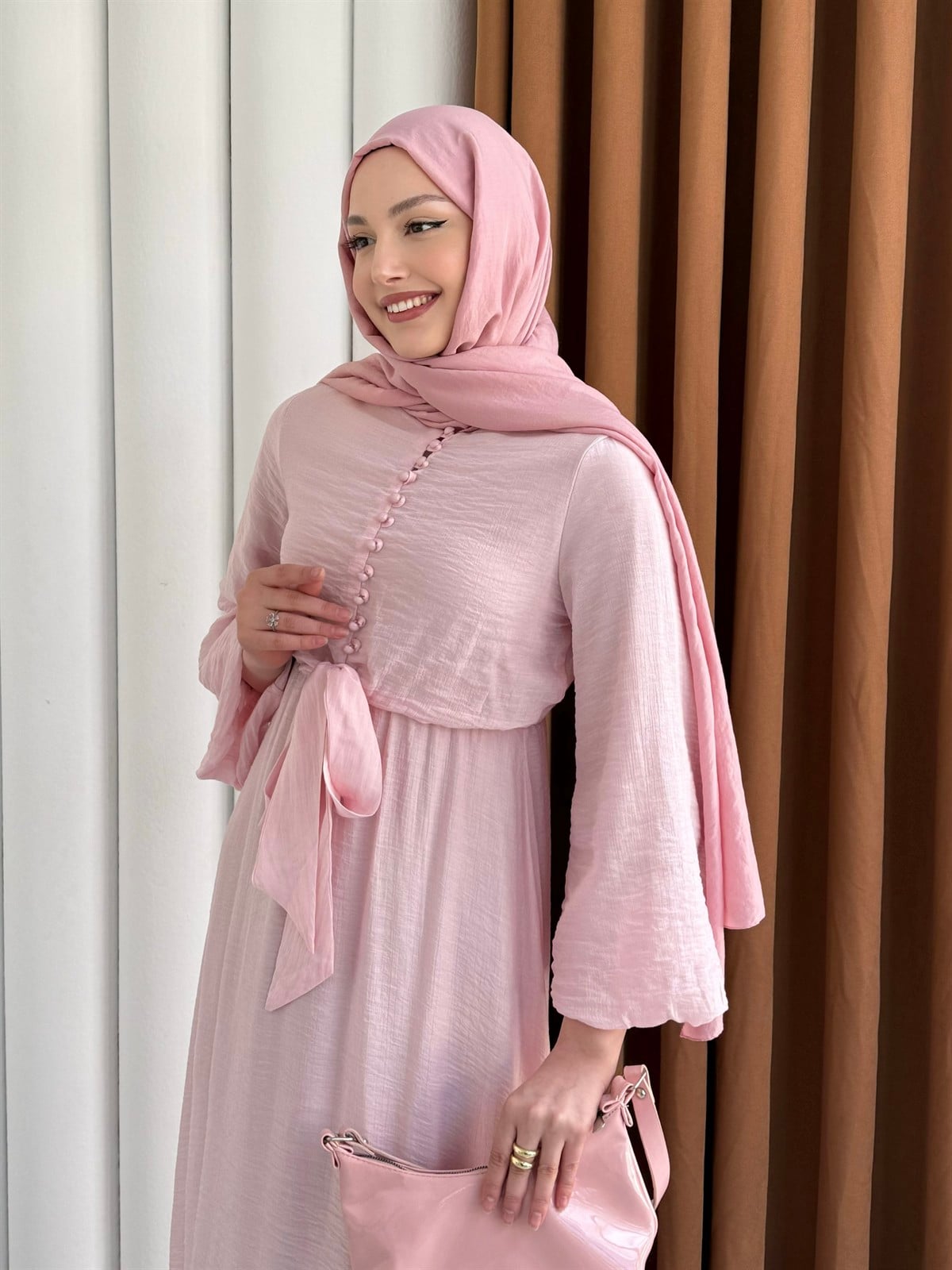Bağlama Detaylı Balon Kol Tesettür Elbise-PEMBE