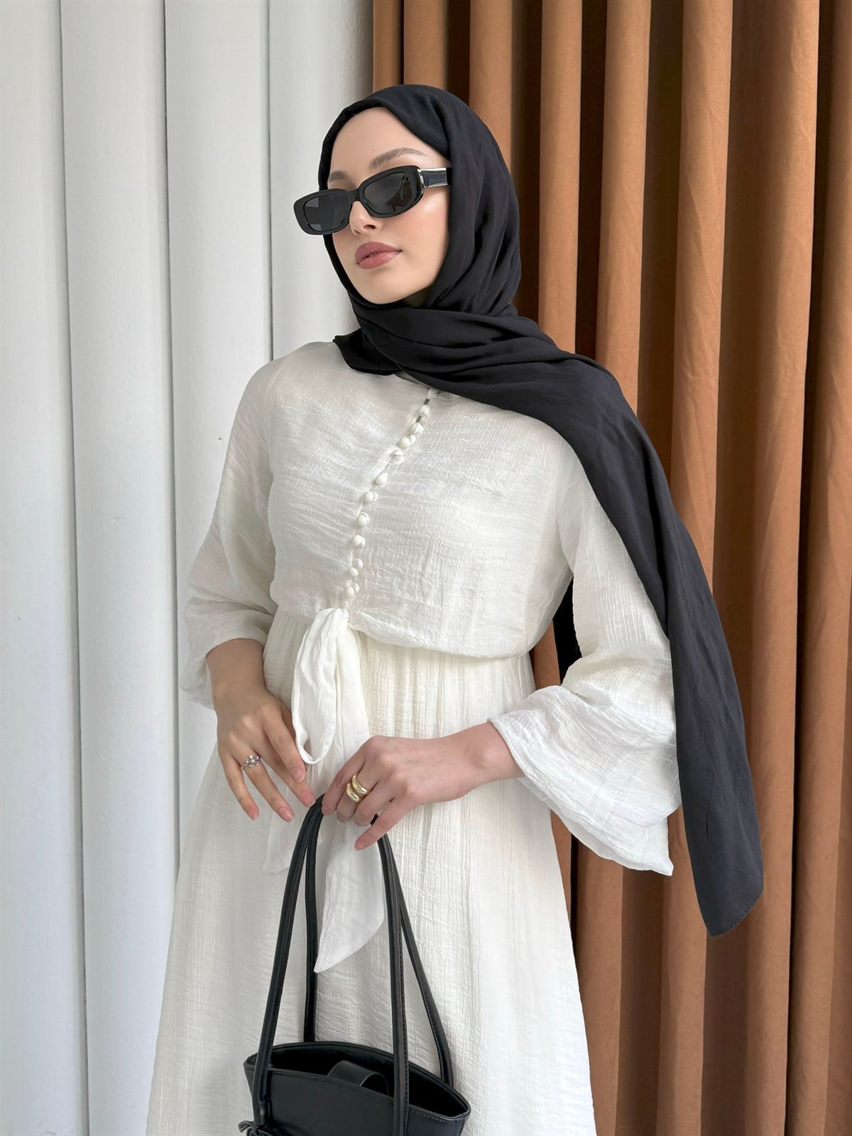 Bağlama Detaylı Balon Kol Tesettür Elbise-EKRU