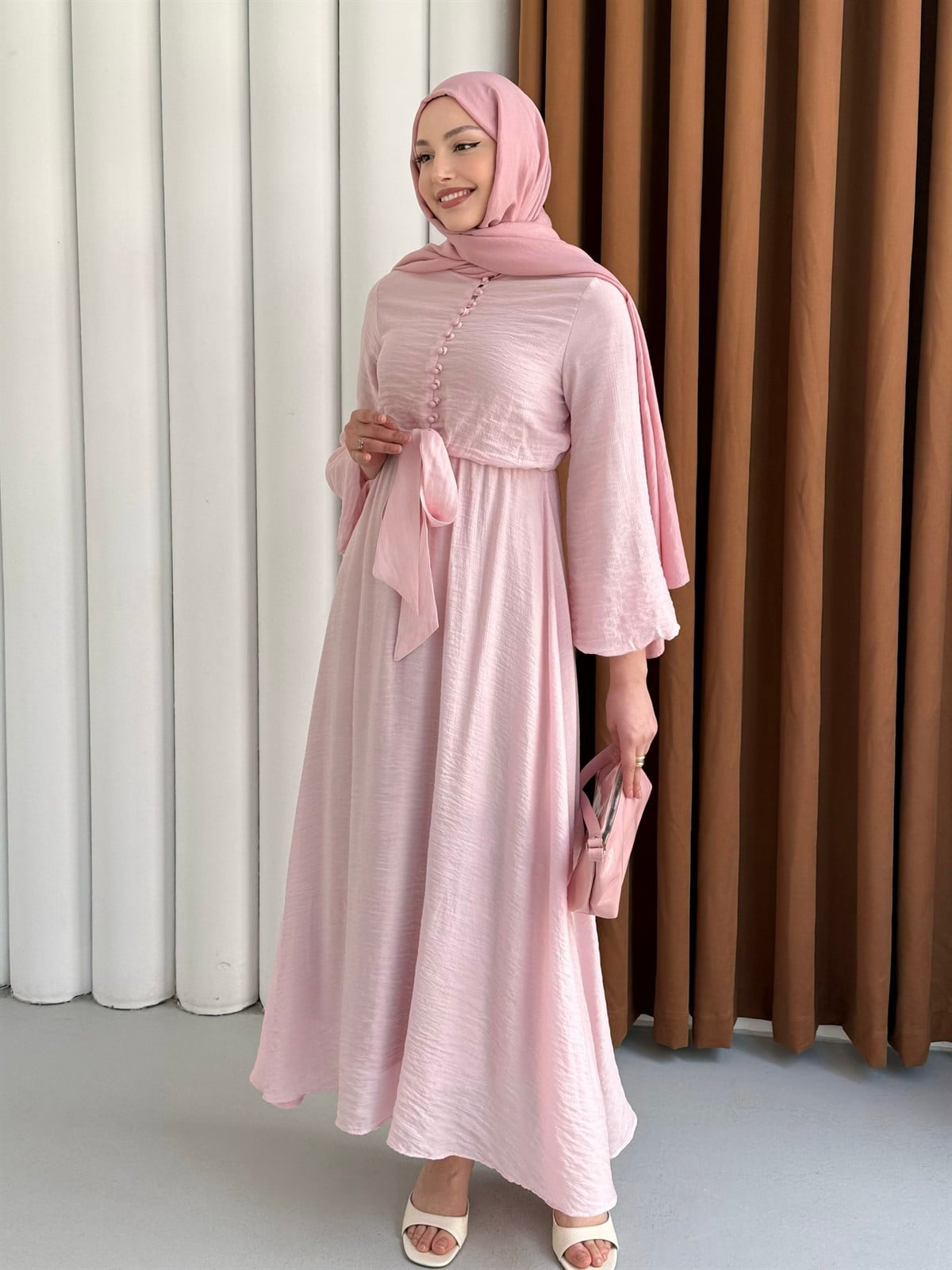 Bağlama Detaylı Balon Kol Tesettür Elbise-PEMBE