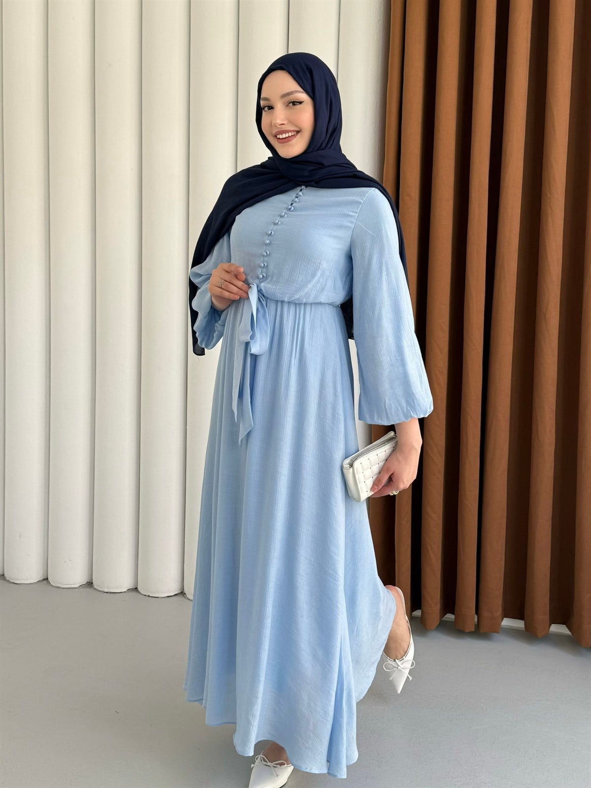 Bağlama Detaylı Balon Kol Tesettür Elbise-MAVİ