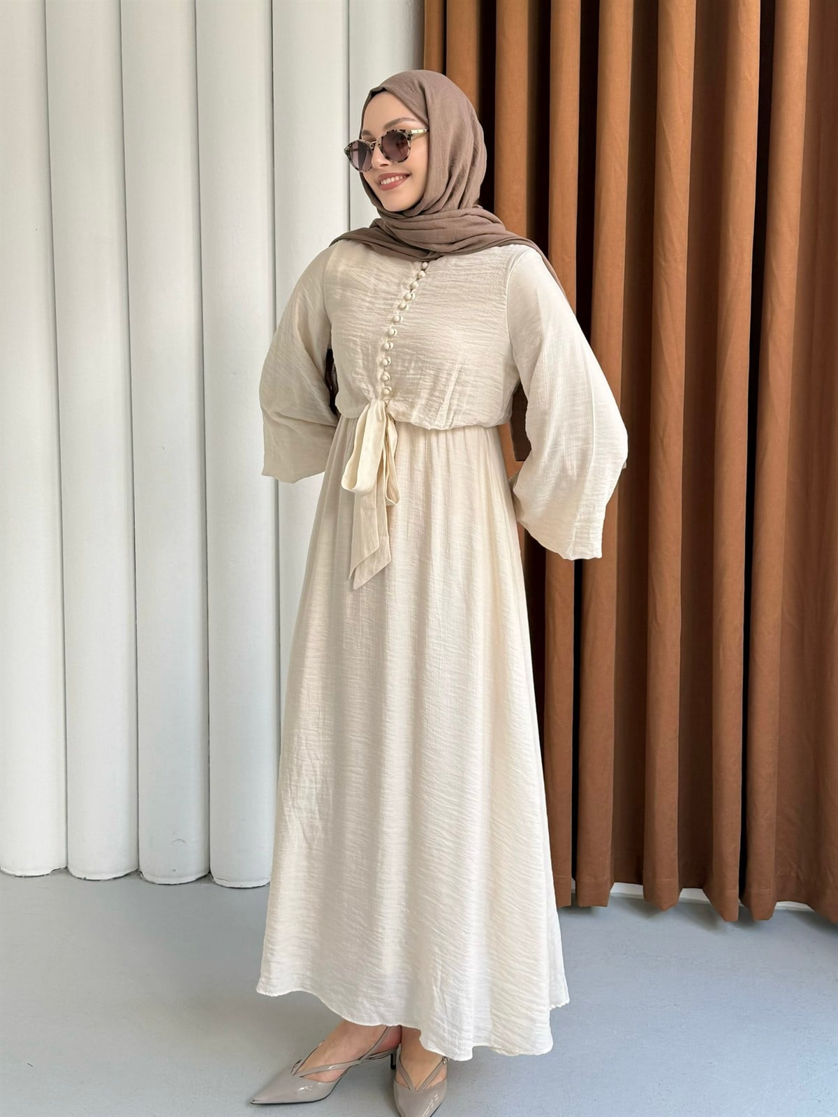 Bağlama Detaylı Balon Kol Tesettür Elbise-TAŞ