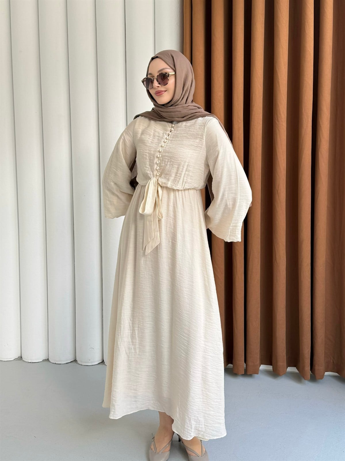 Bağlama Detaylı Balon Kol Tesettür Elbise-TAŞ