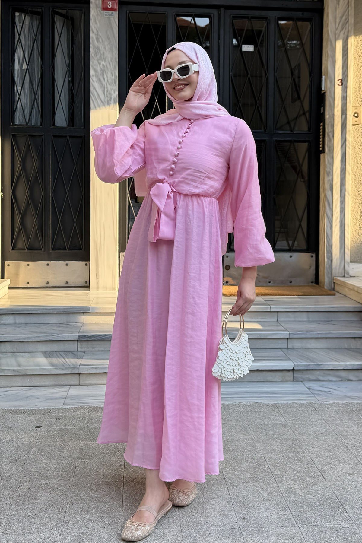 Bağlama Detaylı Balon Kol Tesettür Elbise-PEMBE