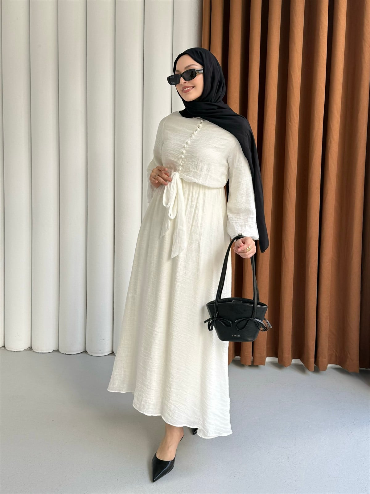 Bağlama Detaylı Balon Kol Tesettür Elbise-EKRU