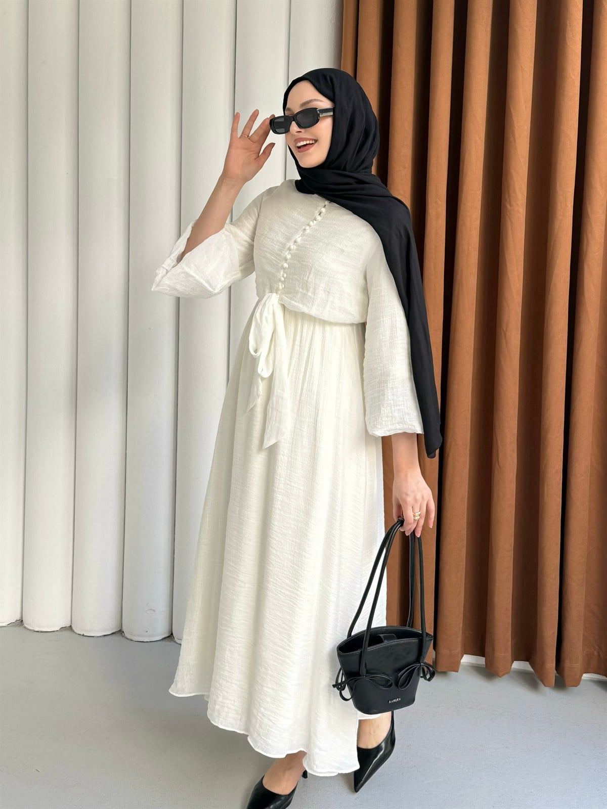 Bağlama Detaylı Balon Kol Tesettür Elbise-EKRU