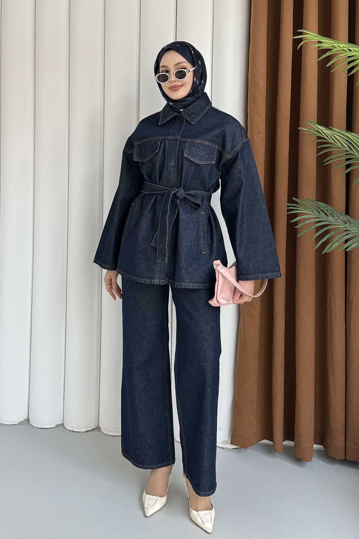 Bağlamalı Çıtçıt Detay Denim Tesettür Takım-KOYU MAVİ