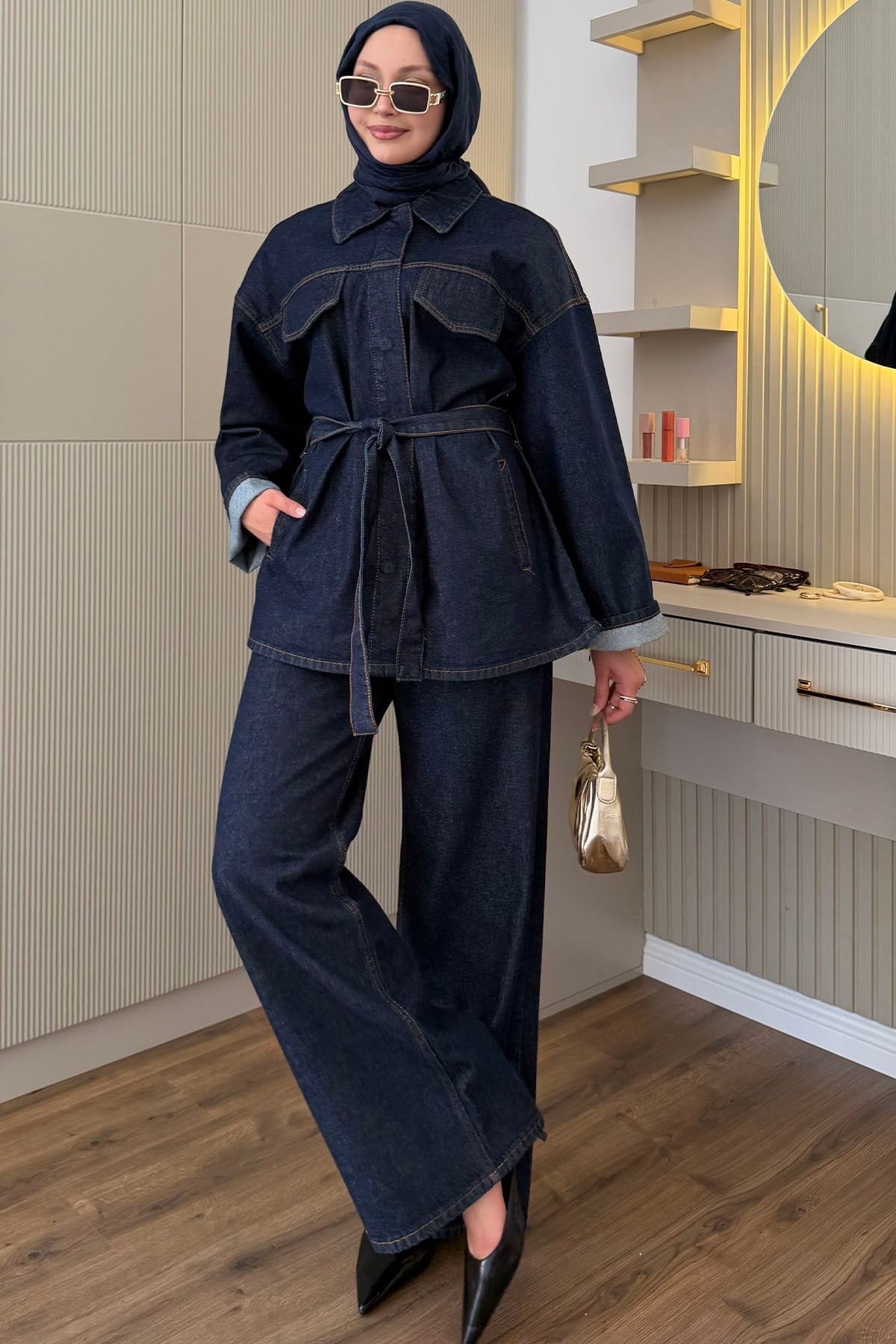 Bağlamalı Çıtçıt Detay Denim Tesettür Takım-KOYU MAVİ