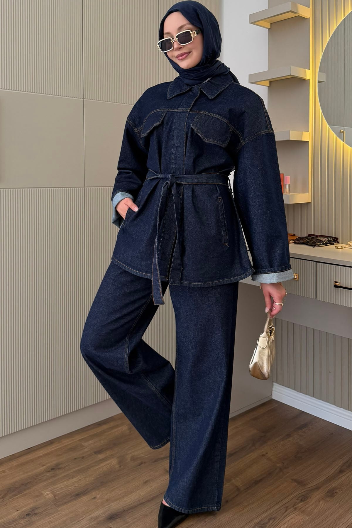 Bağlamalı Çıtçıt Detay Denim Tesettür Takım-KOYU MAVİ