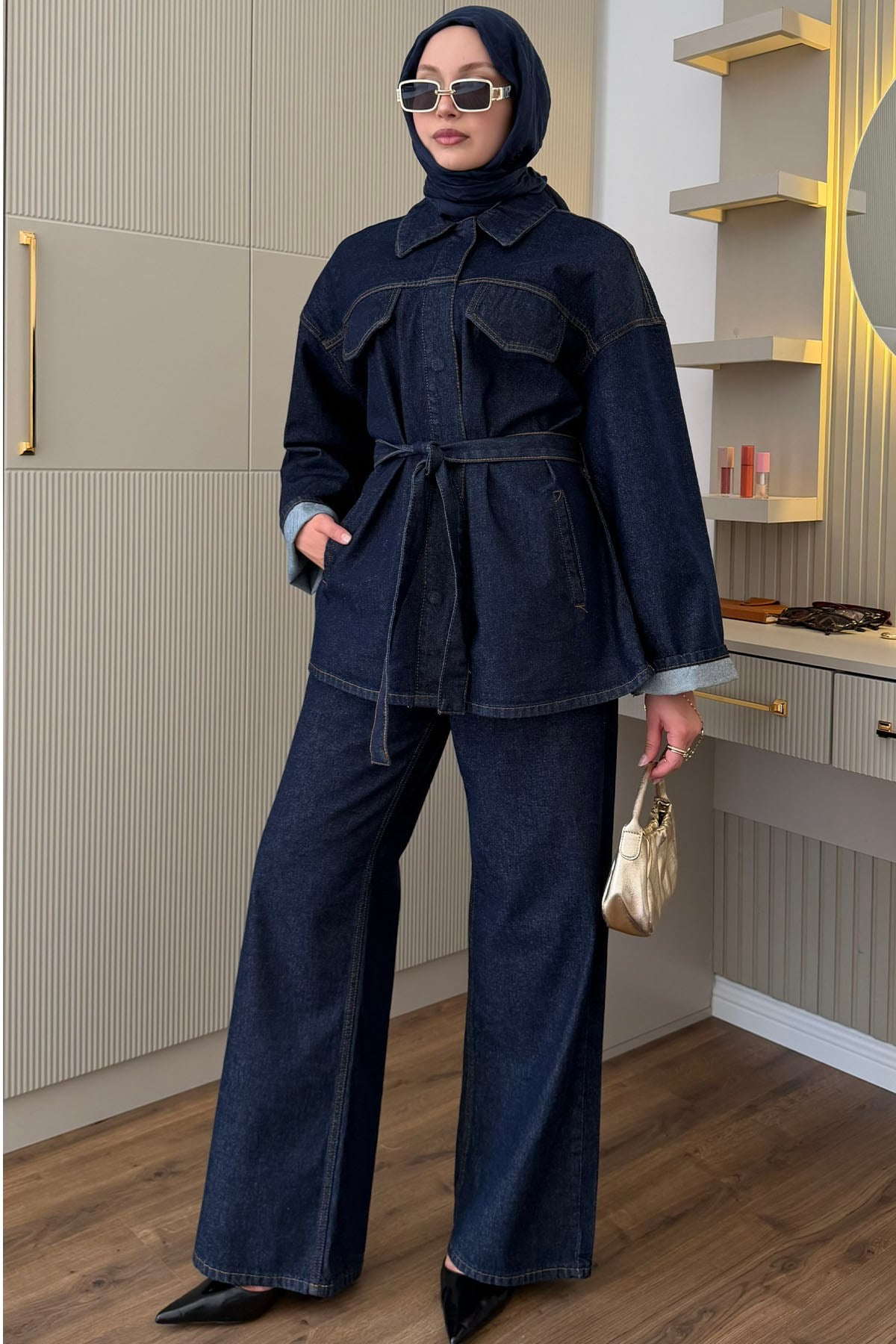 Bağlamalı Çıtçıt Detay Denim Tesettür Takım-KOYU MAVİ
