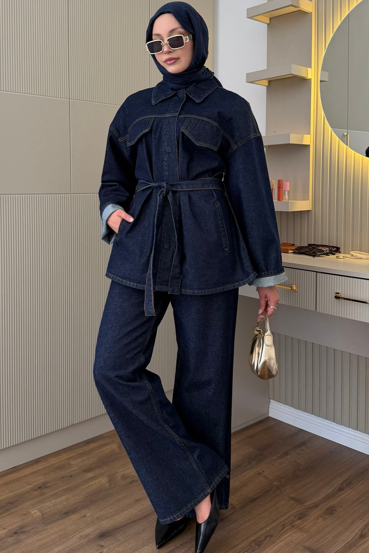 Bağlamalı Çıtçıt Detay Denim Tesettür Takım-KOYU MAVİ