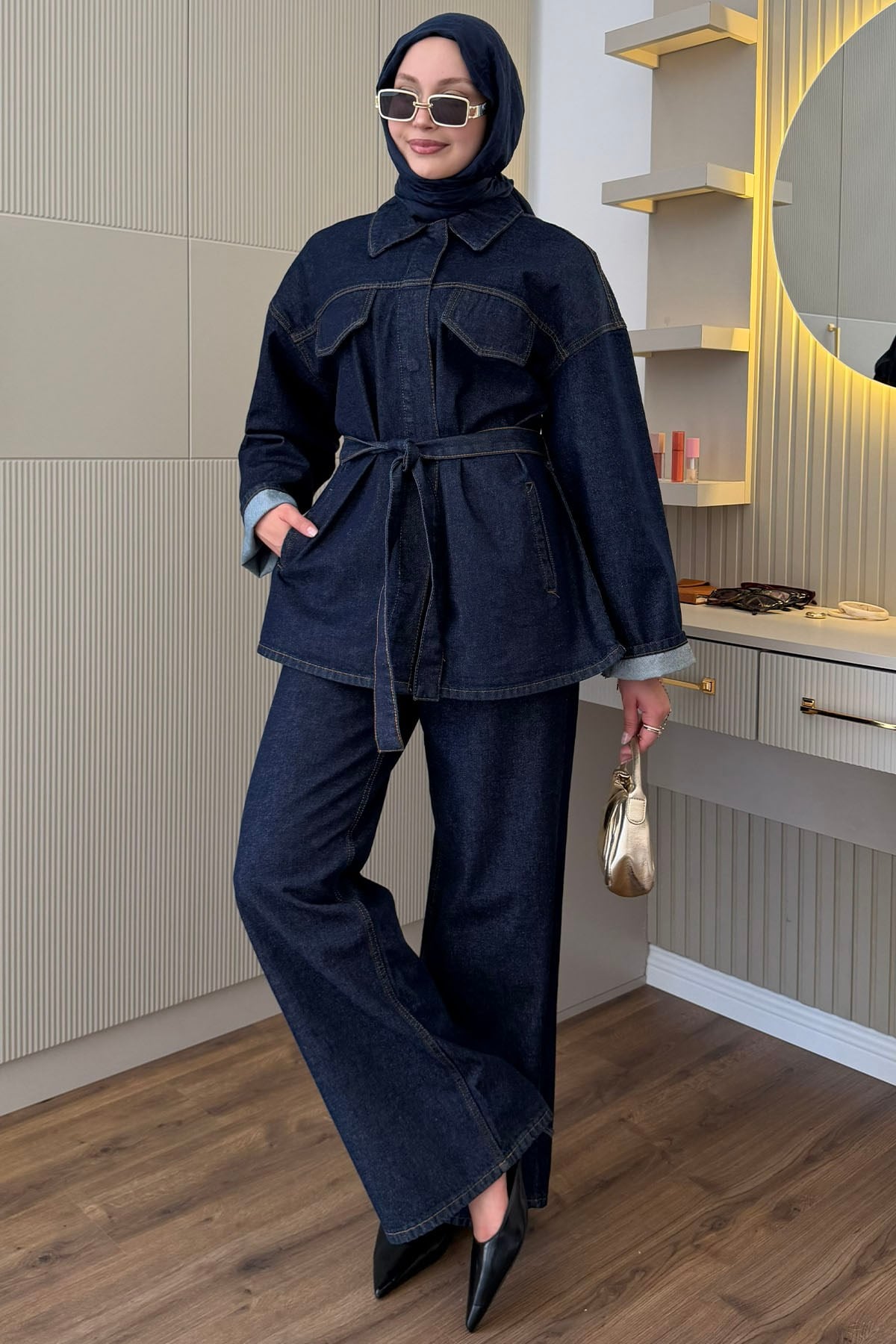 Bağlamalı Çıtçıt Detay Denim Tesettür Takım-KOYU MAVİ