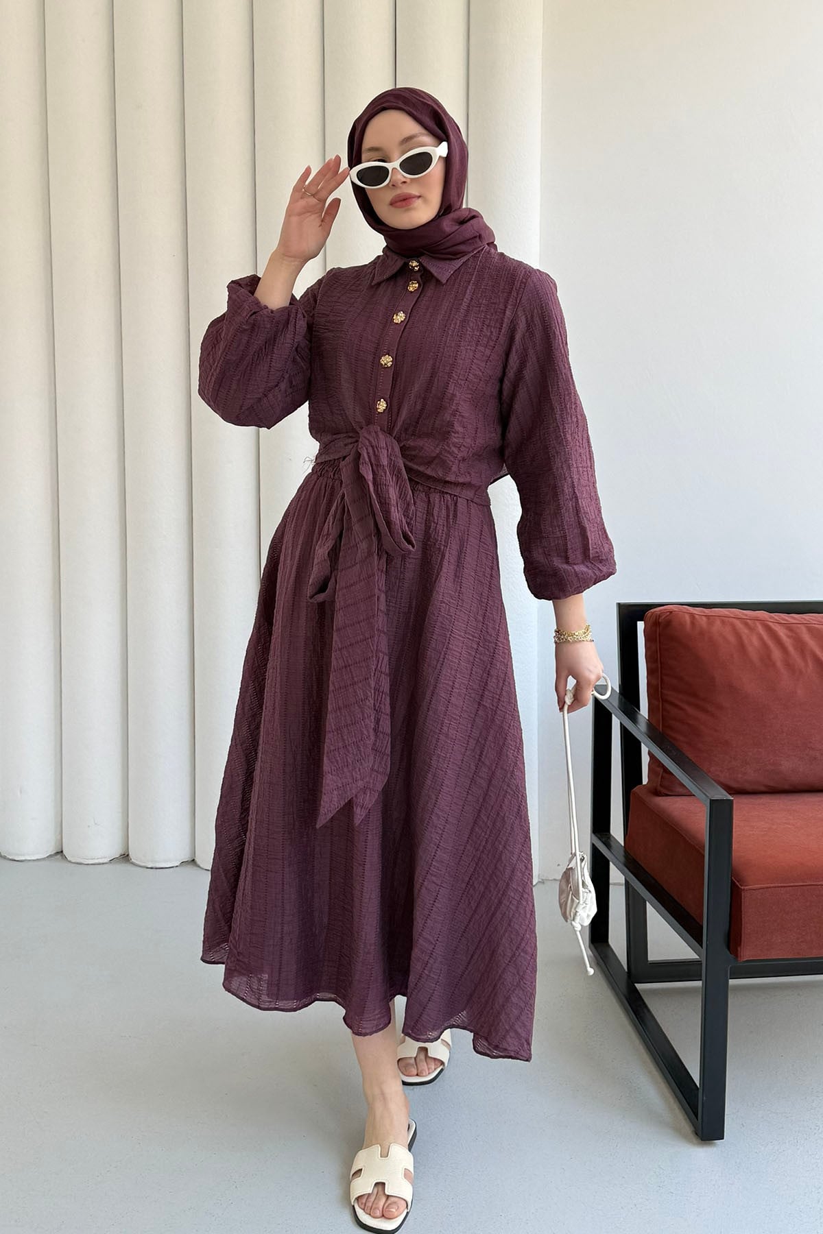 Bağlamalı Gömlek Detay Etekli Tesettür Takım-MÜRDÜM