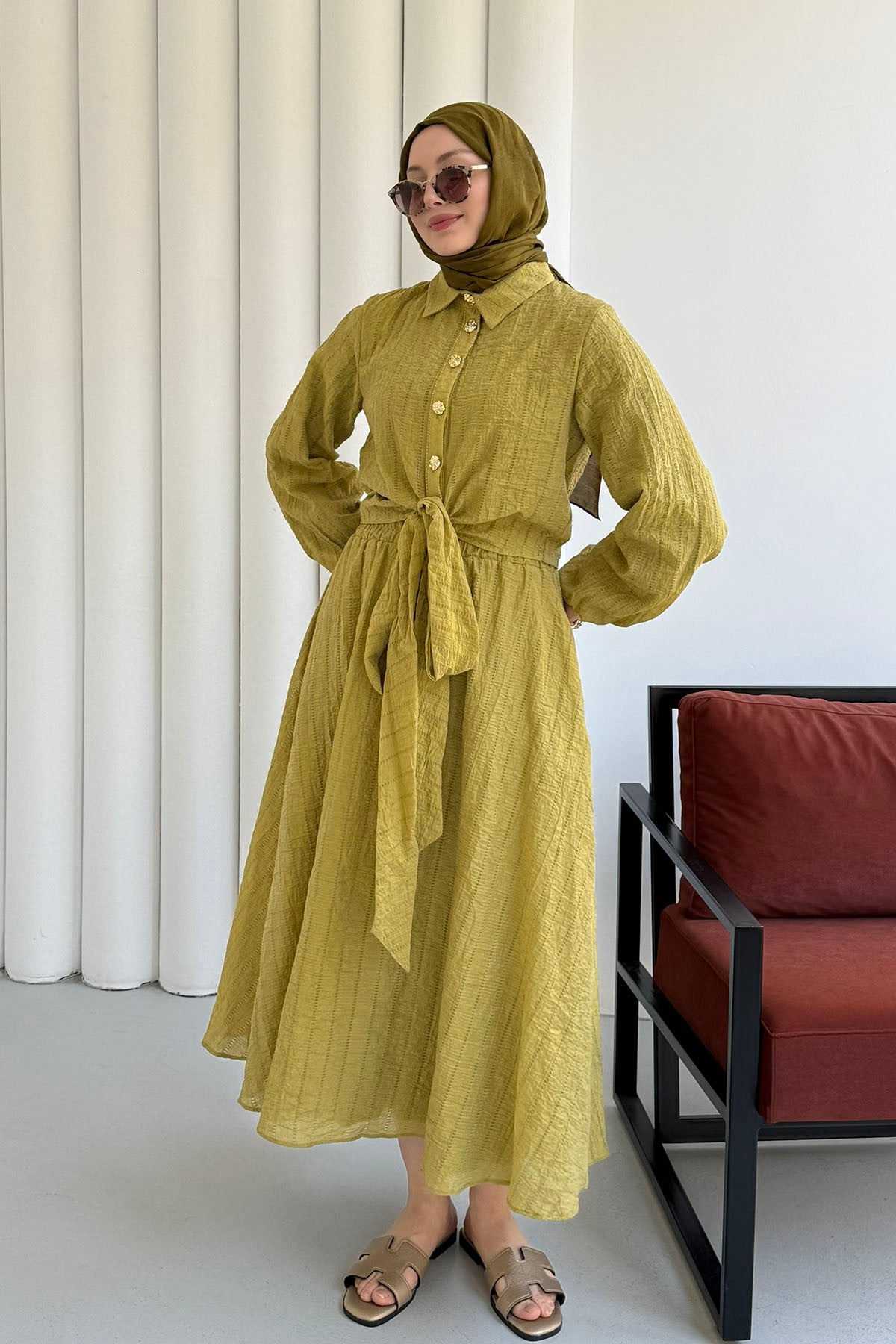 Bağlamalı Gömlek Detay Etekli Tesettür Takım-YAĞ YEŞİLİ