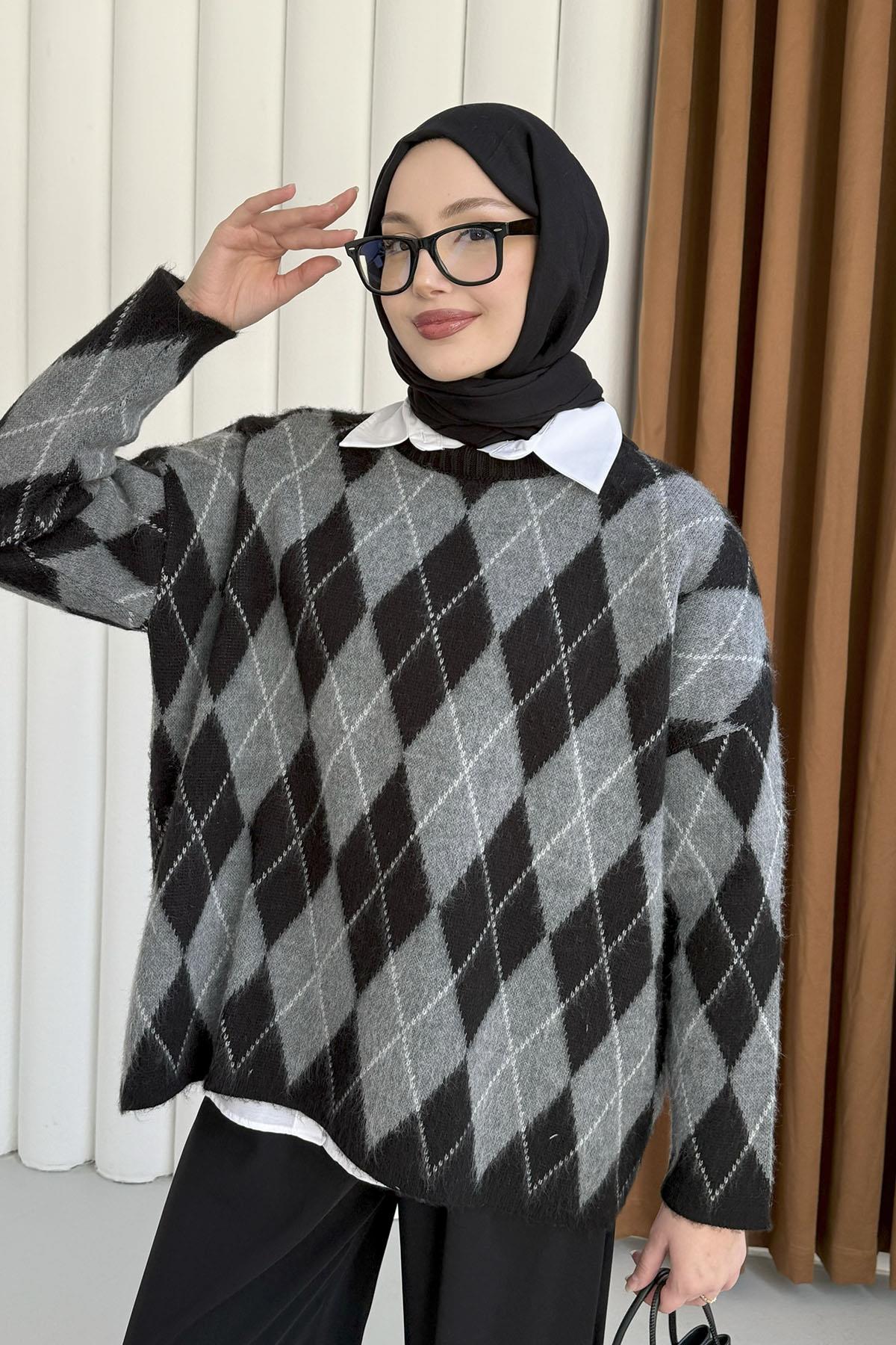 Baklava Desen Triko Kazak-SİYAH