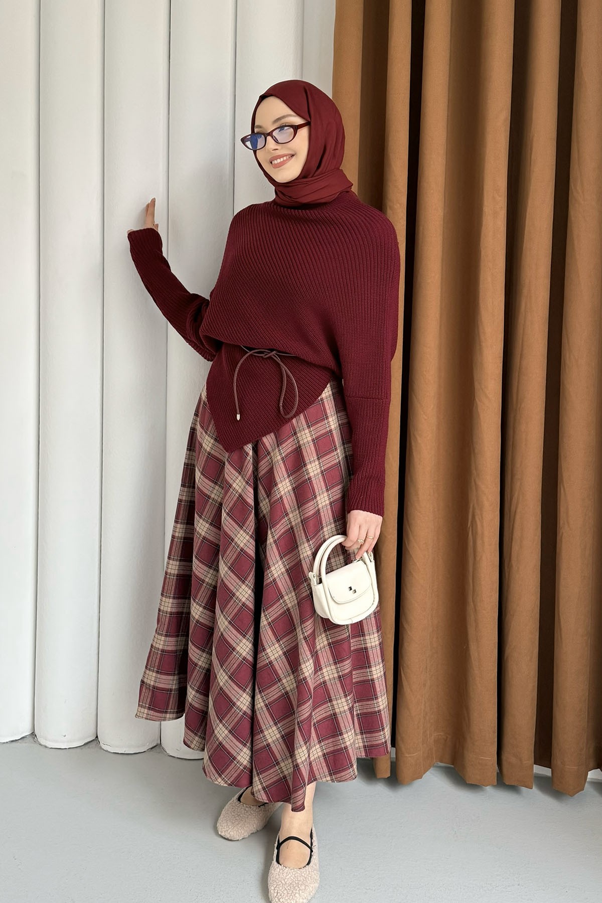 Balıkçı Yaka Asimetrik Triko Kazak-BORDO
