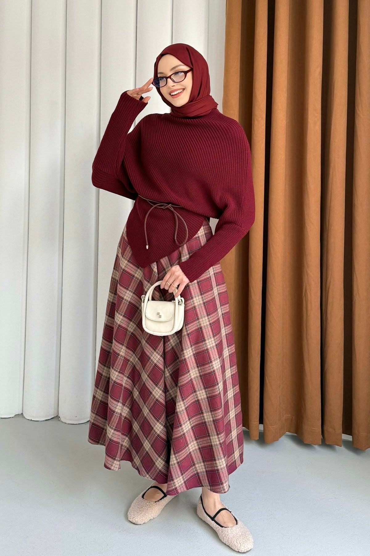 Balıkçı Yaka Asimetrik Triko Kazak-BORDO