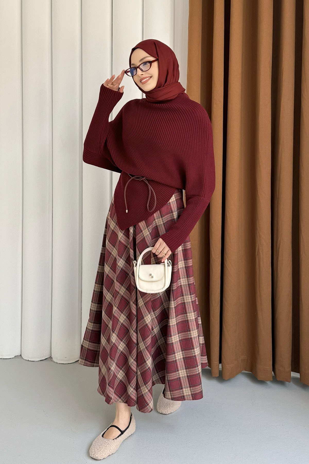 Balıkçı Yaka Asimetrik Triko Kazak-BORDO