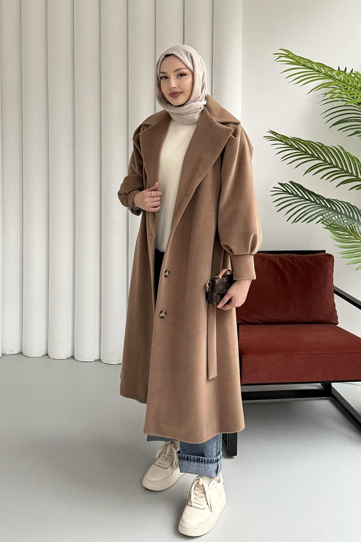 Balon Kol Astarlı Bel Kuşaklı Kaşe Kaban-CAMEL