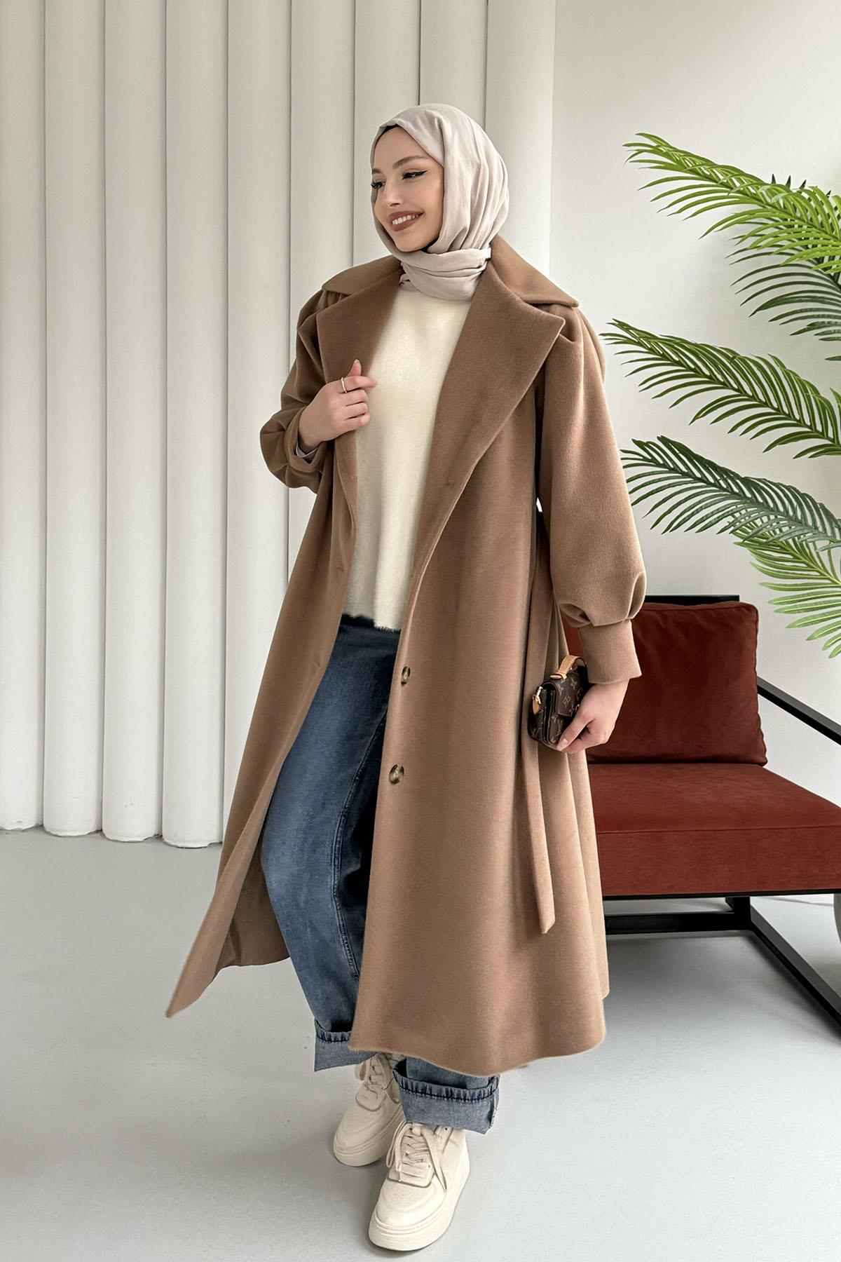 Balon Kol Astarlı Bel Kuşaklı Kaşe Kaban-CAMEL