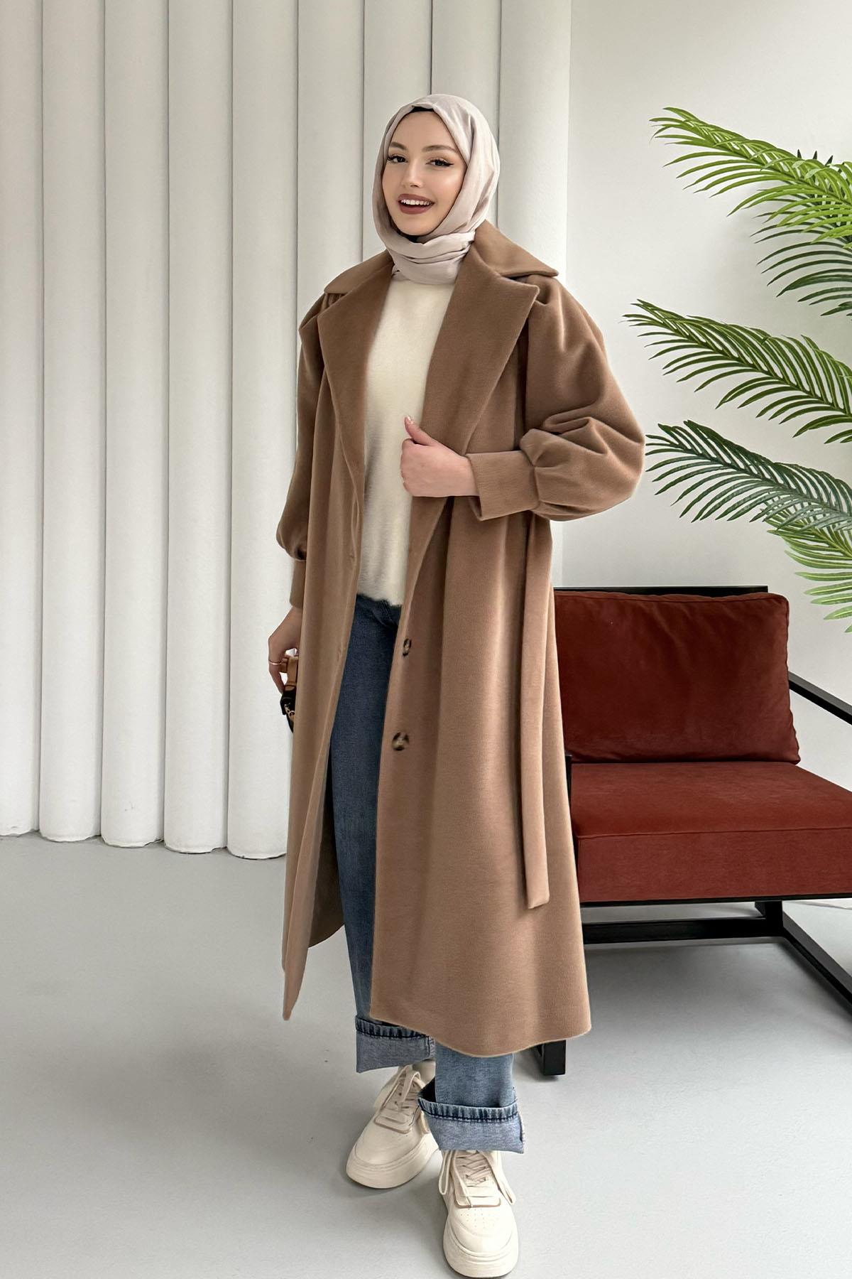 Balon Kol Astarlı Bel Kuşaklı Kaşe Kaban-CAMEL