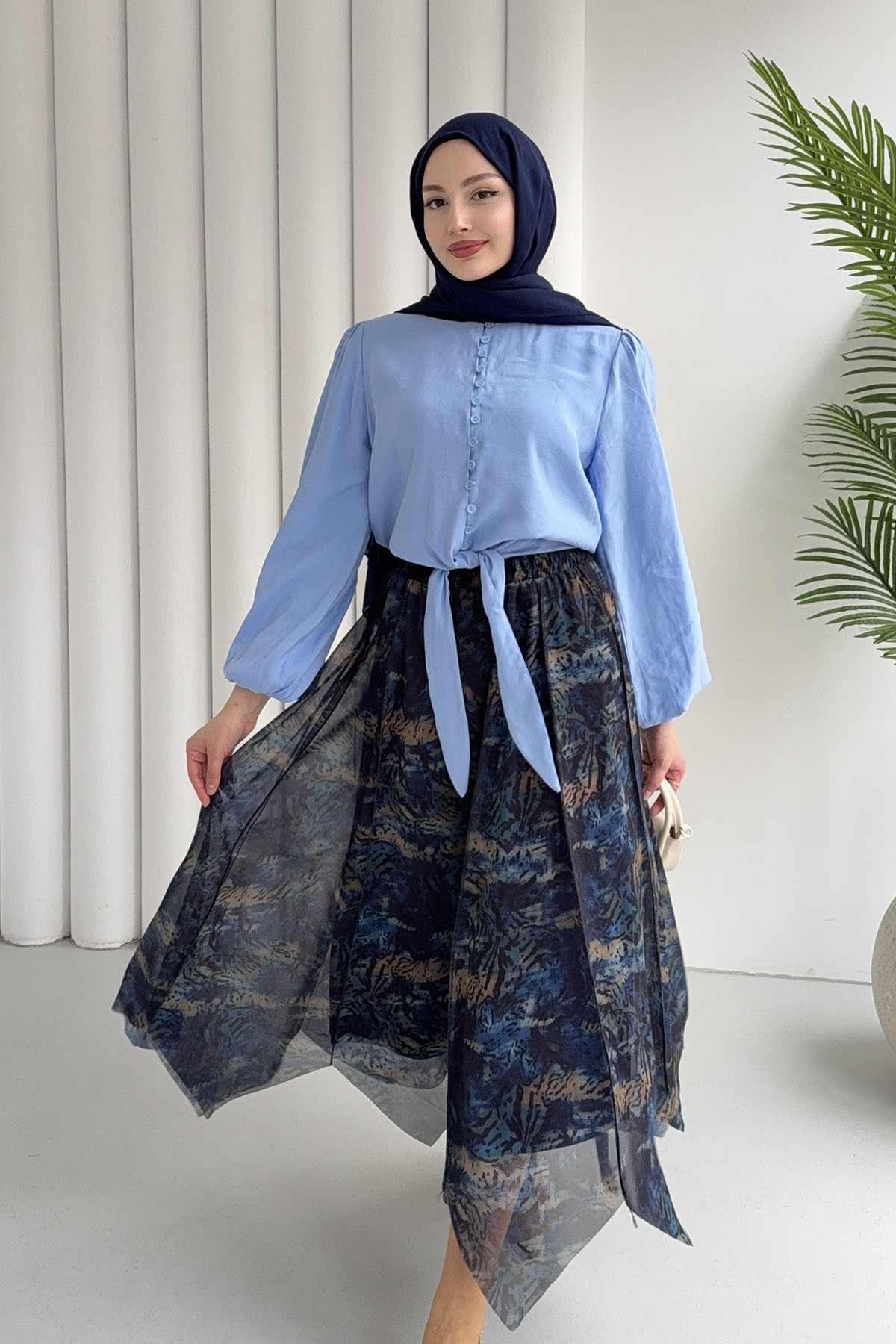 Balon Kol Etek Ucu Bağlamalı Bluz-BEBE MAVİ