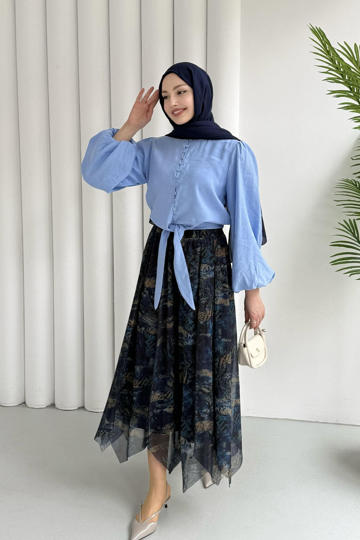 Balon Kol Etek Ucu Bağlamalı Bluz-BEBE MAVİ