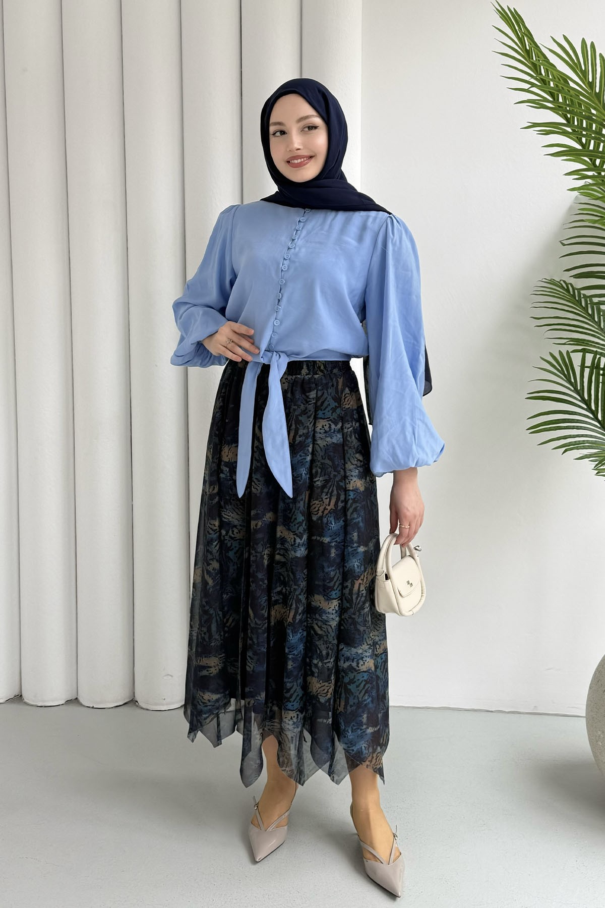 Balon Kol Etek Ucu Bağlamalı Bluz-BEBE MAVİ