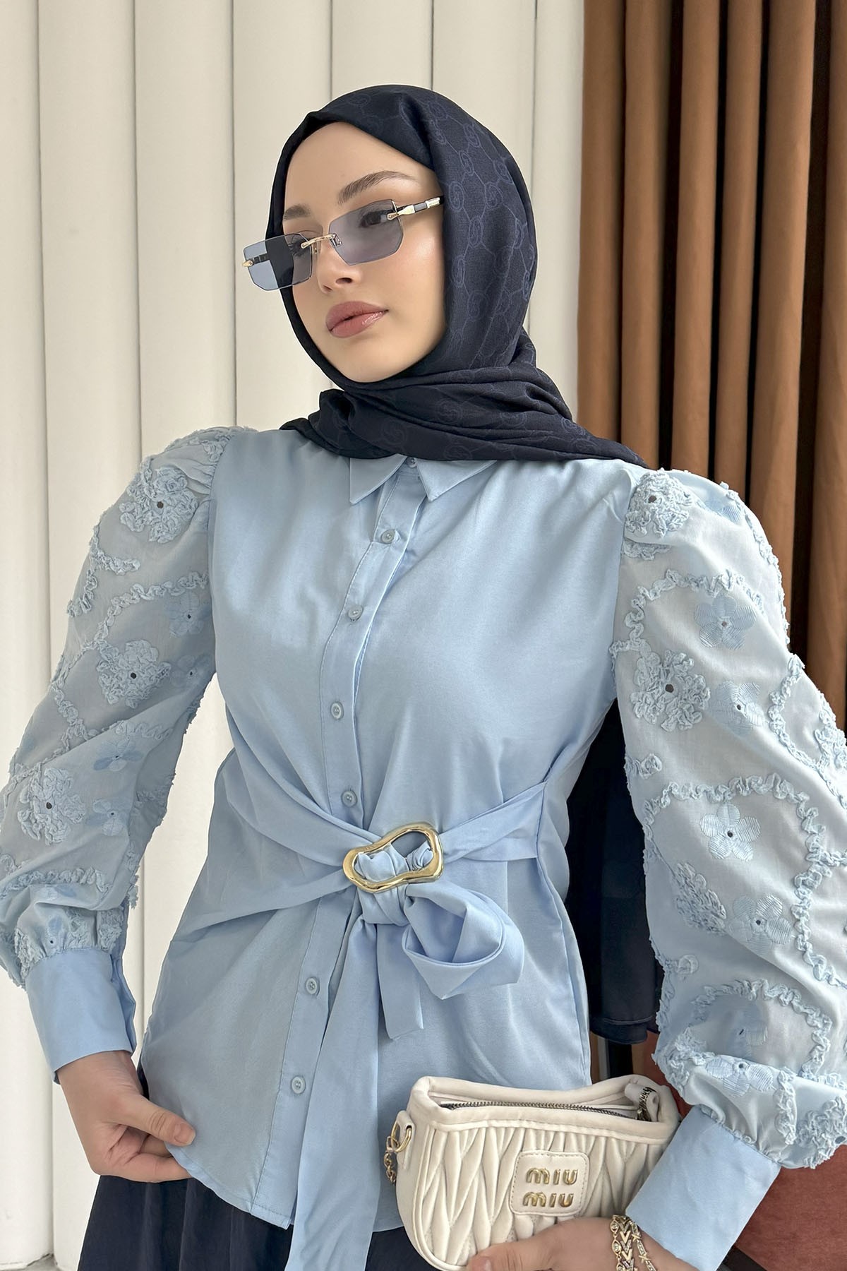 Balon Kol Nakış Detaylı Düğmeli Gömlek-BEBE MAVİ