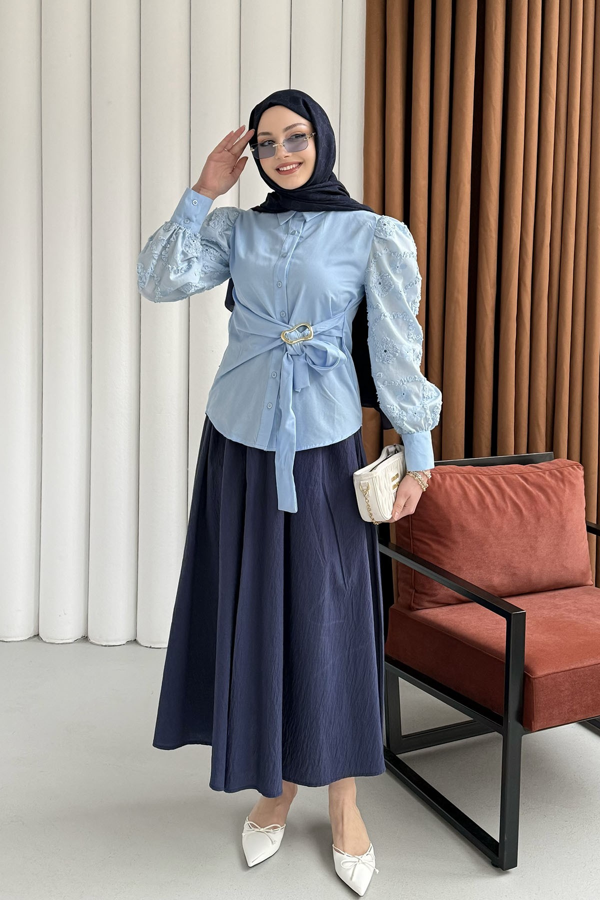 Balon Kol Nakış Detaylı Düğmeli Gömlek-BEBE MAVİ